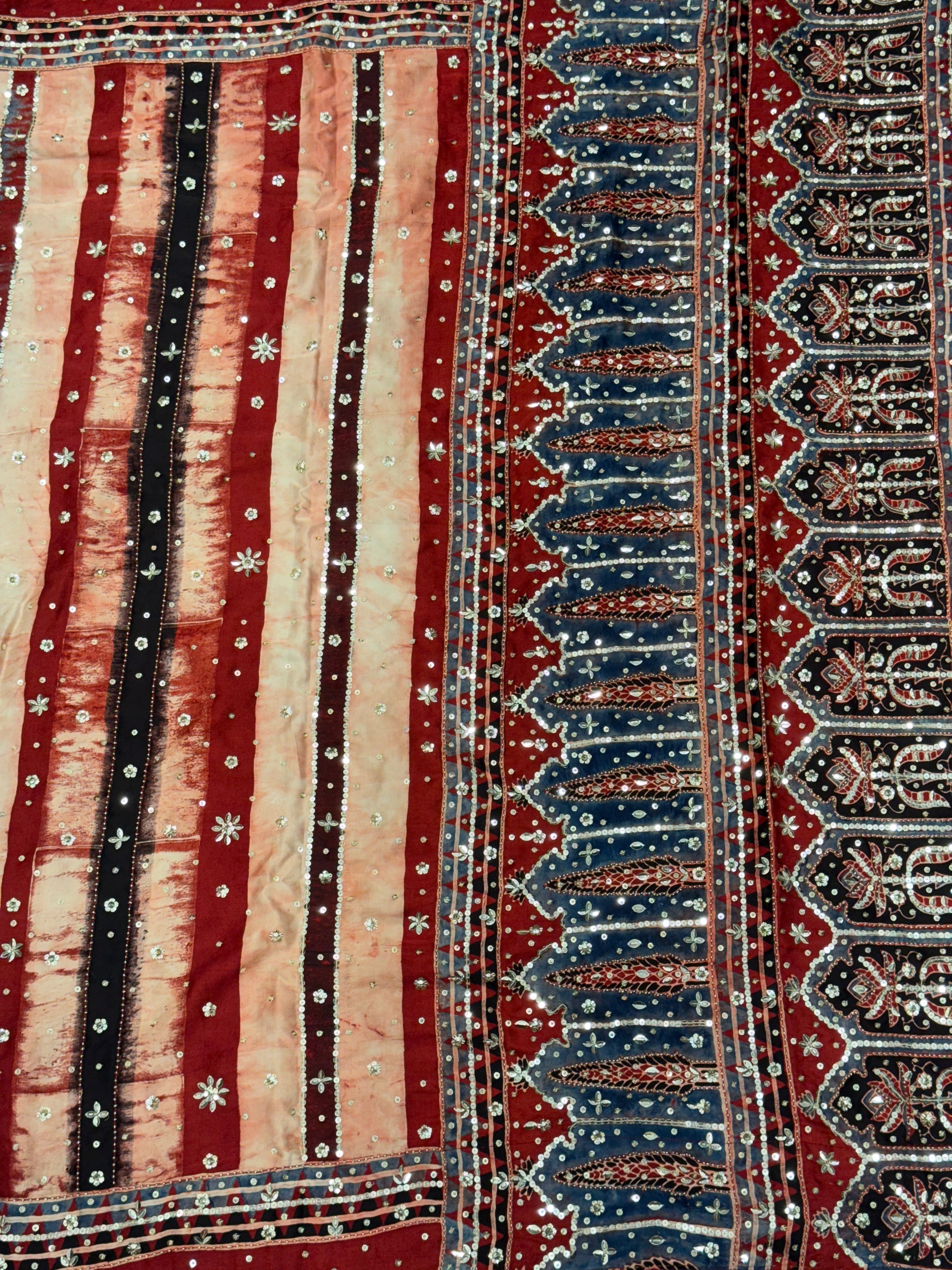 Ajrakh Hand Embroidery Sequin Saree Contemporary