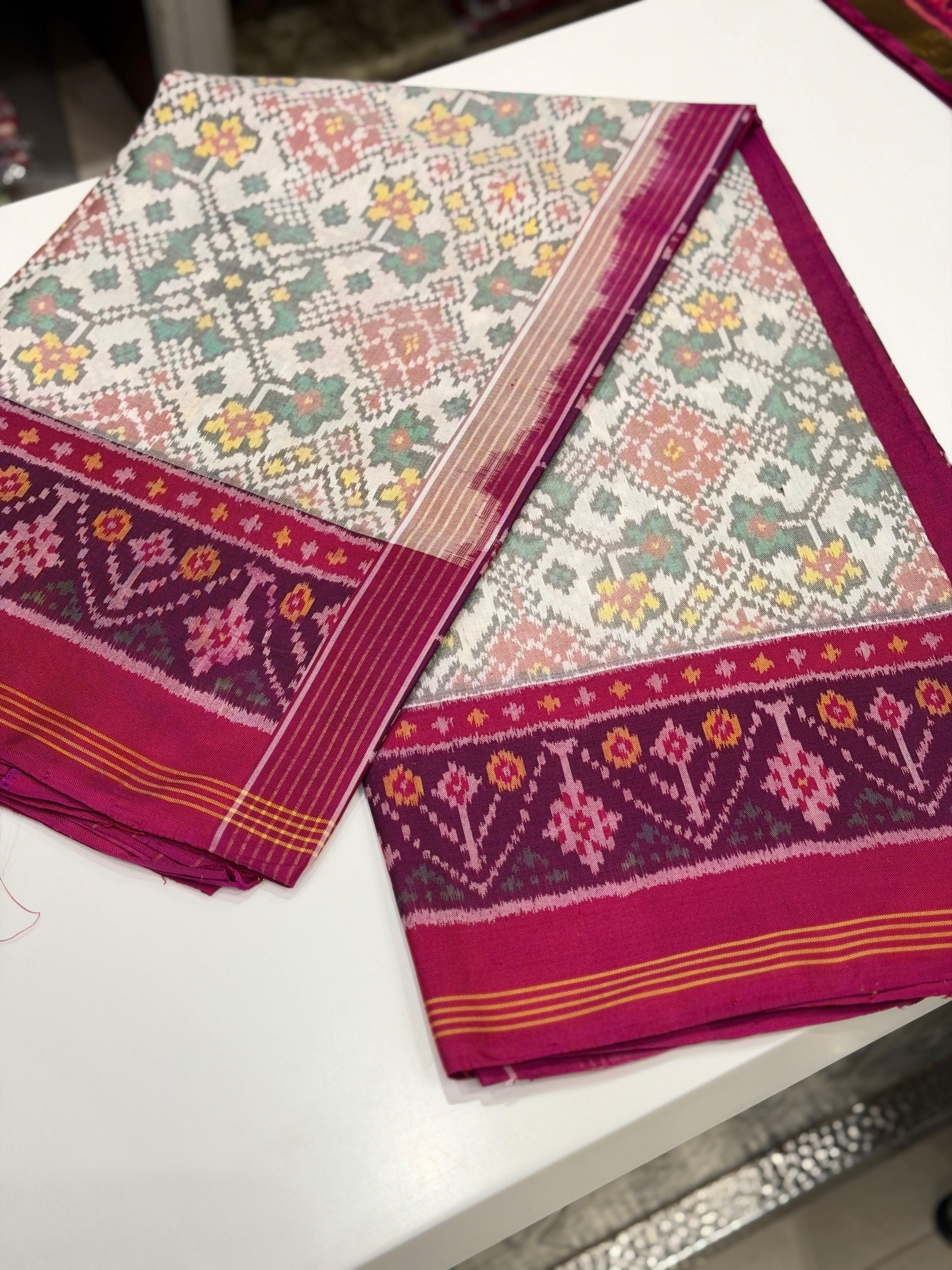 White Rani Navratna Patan Patola Handloom Pure Silk Saree