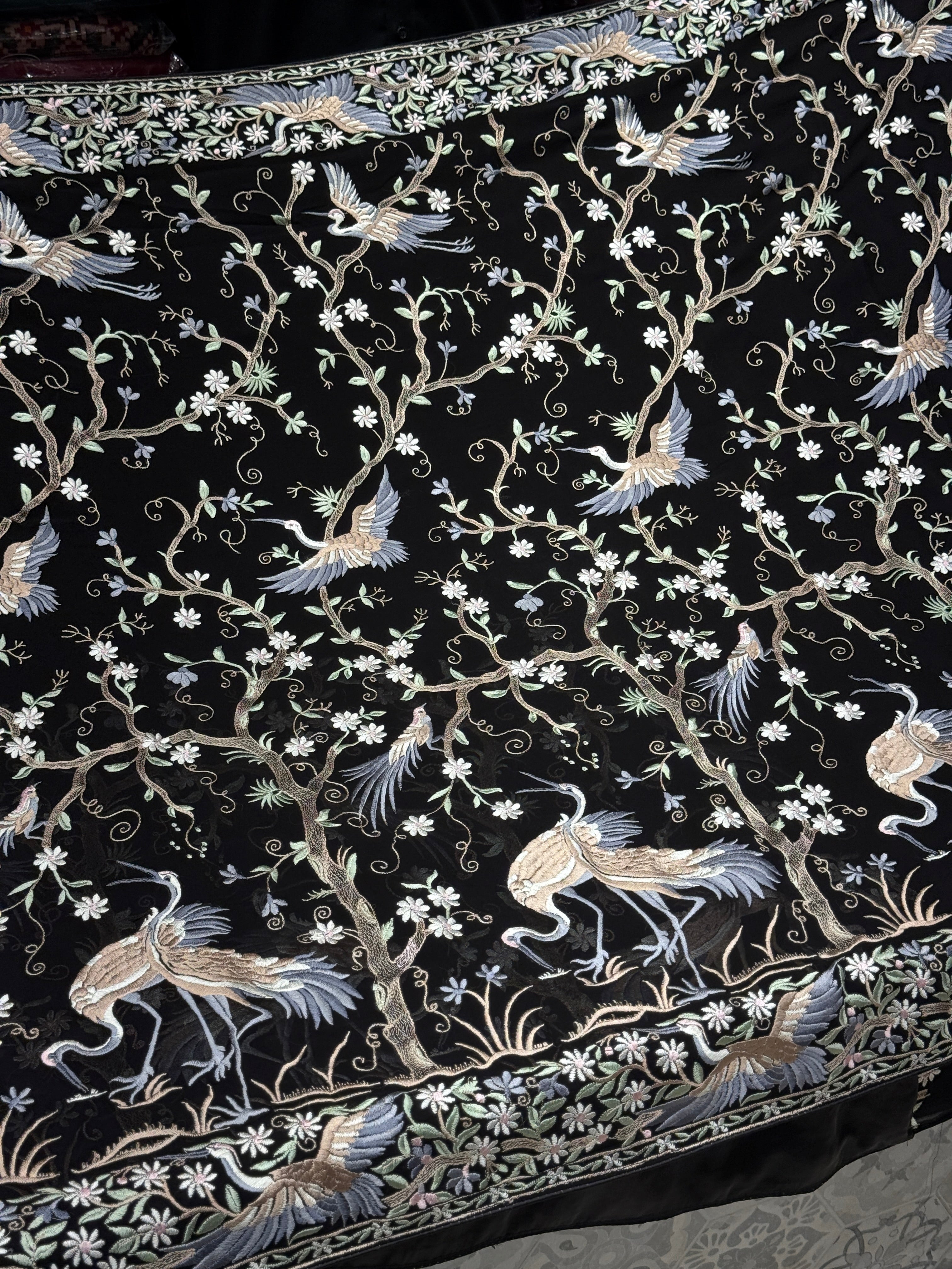 Black Tree Of Life Flamingo Parsi Gara Saree