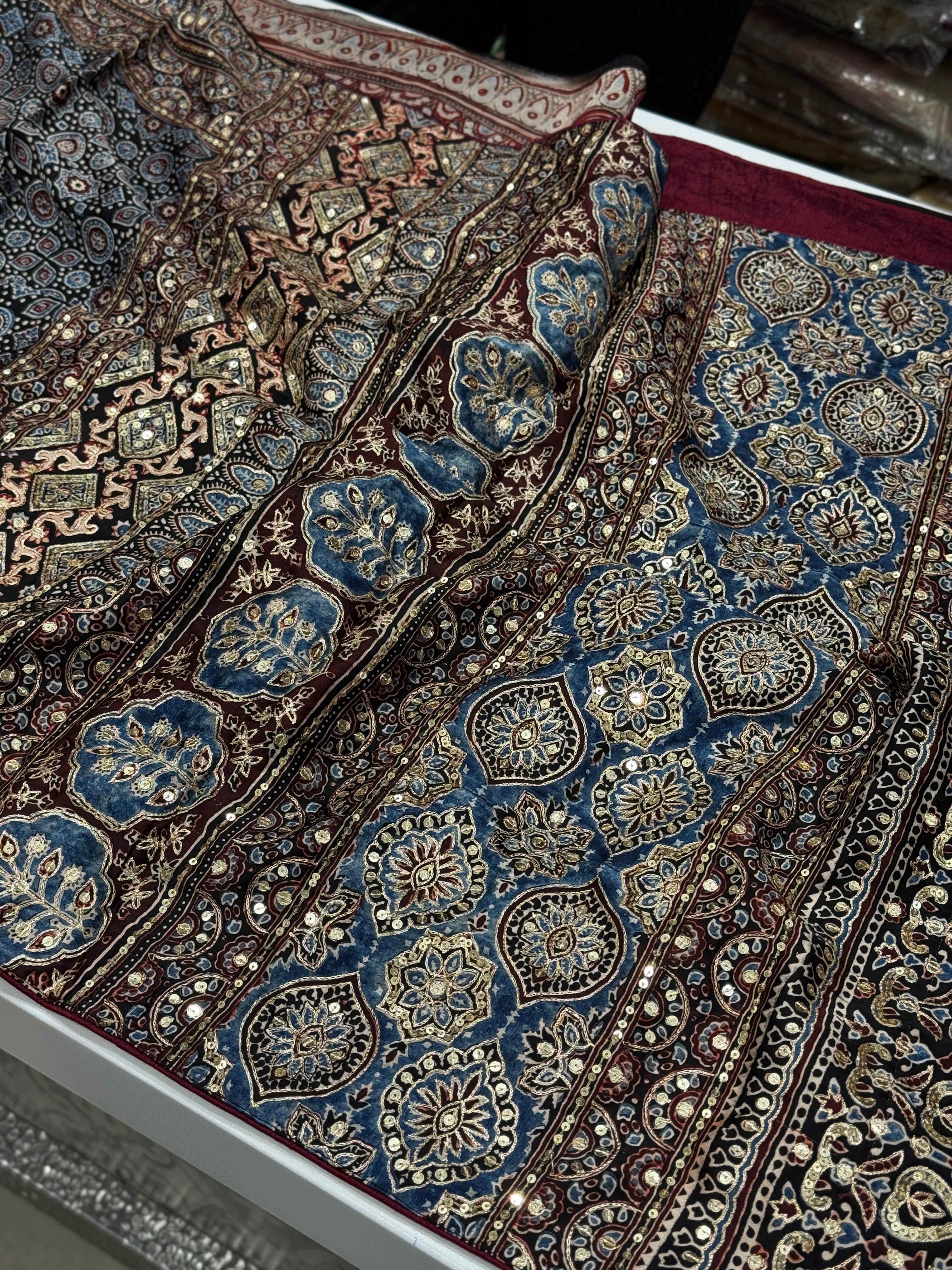 Blue Black Pita Zardosi Sequin Ajrakh Hand Embroidery Saree