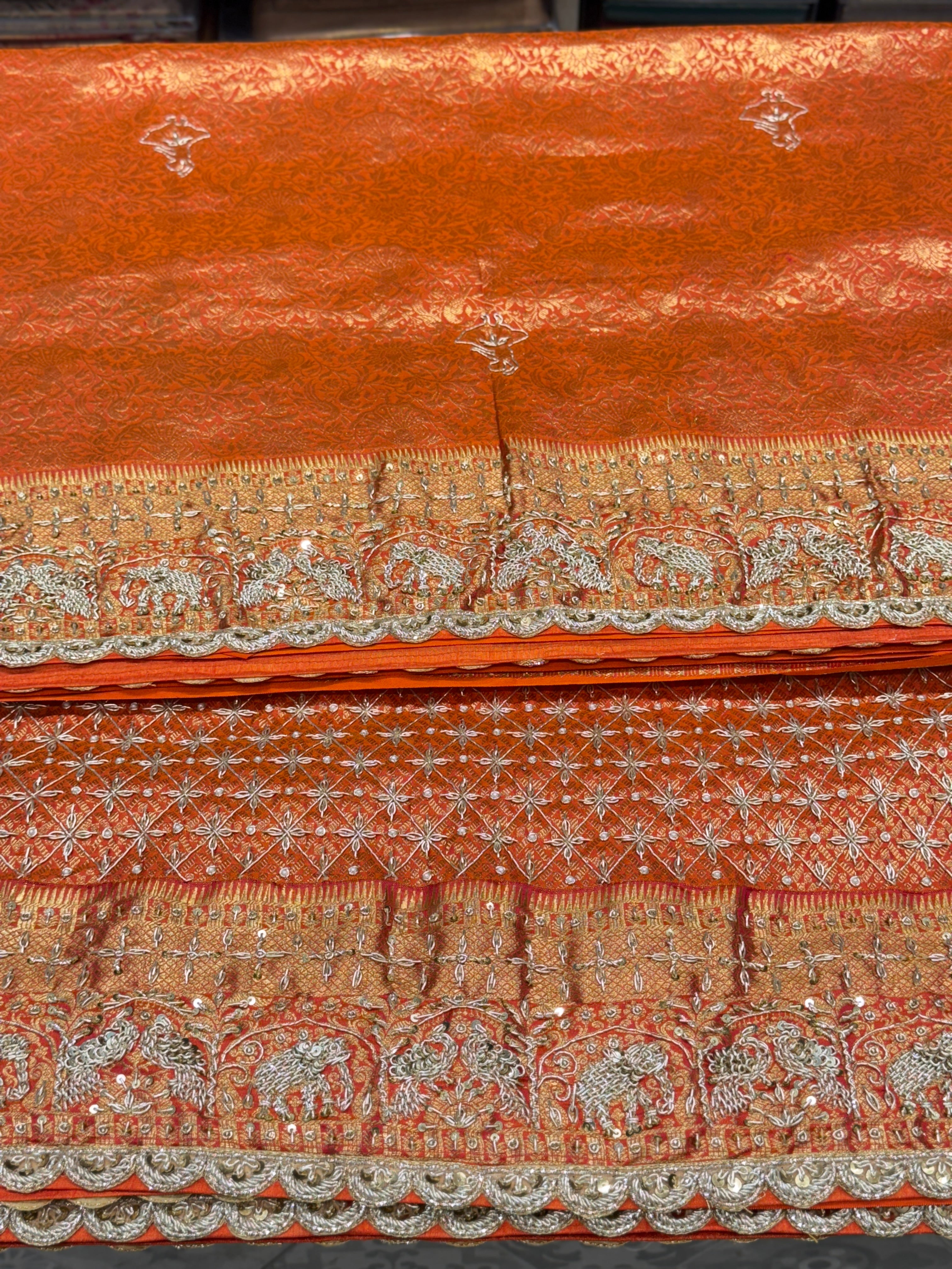 Orange Kanjivaram Peacock Motif Zardozi Hand Embroidery Saree