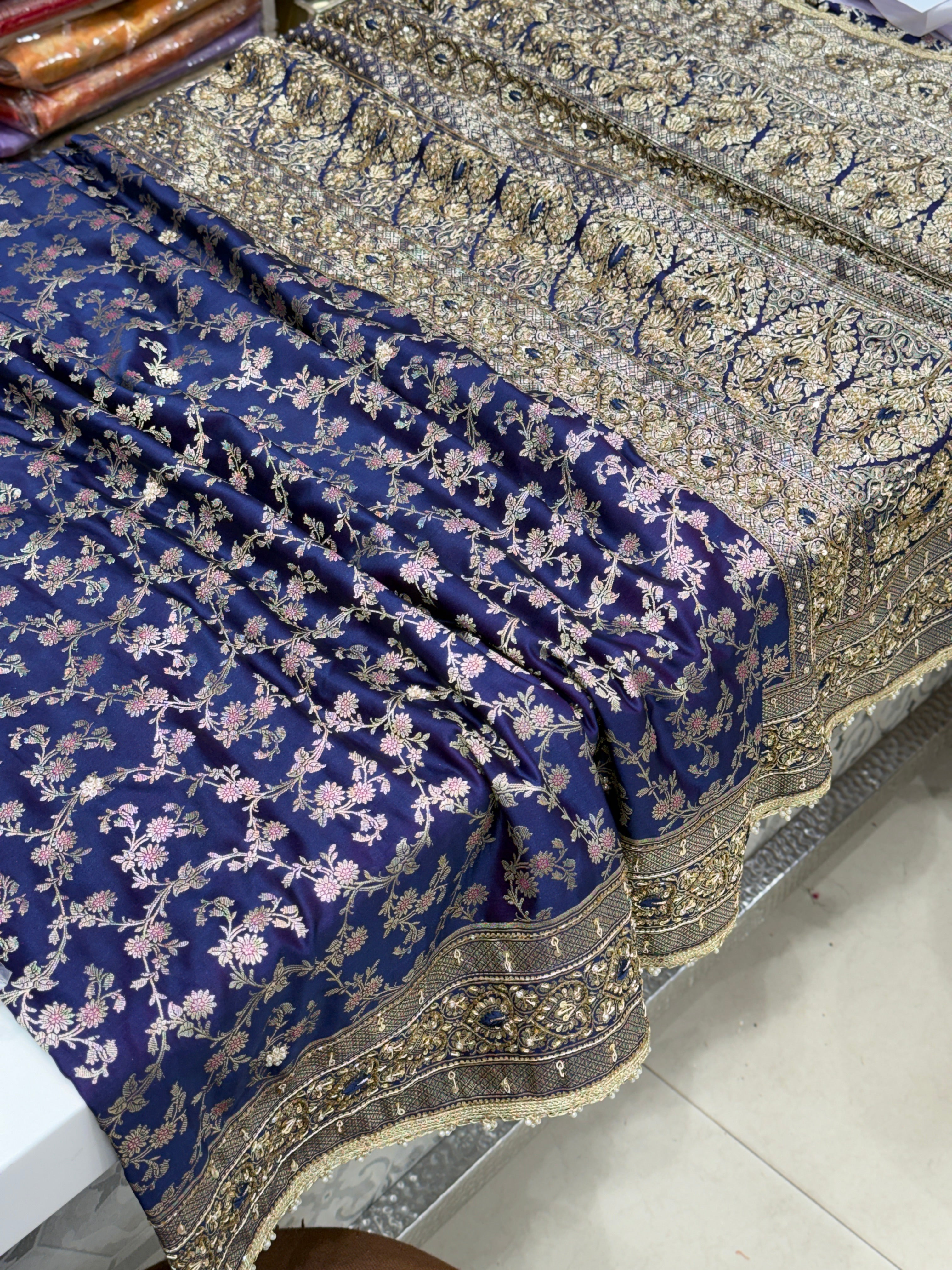 Cross Violet Banarasi Zardosi Resham Hand Embroidery Heard Border Saree