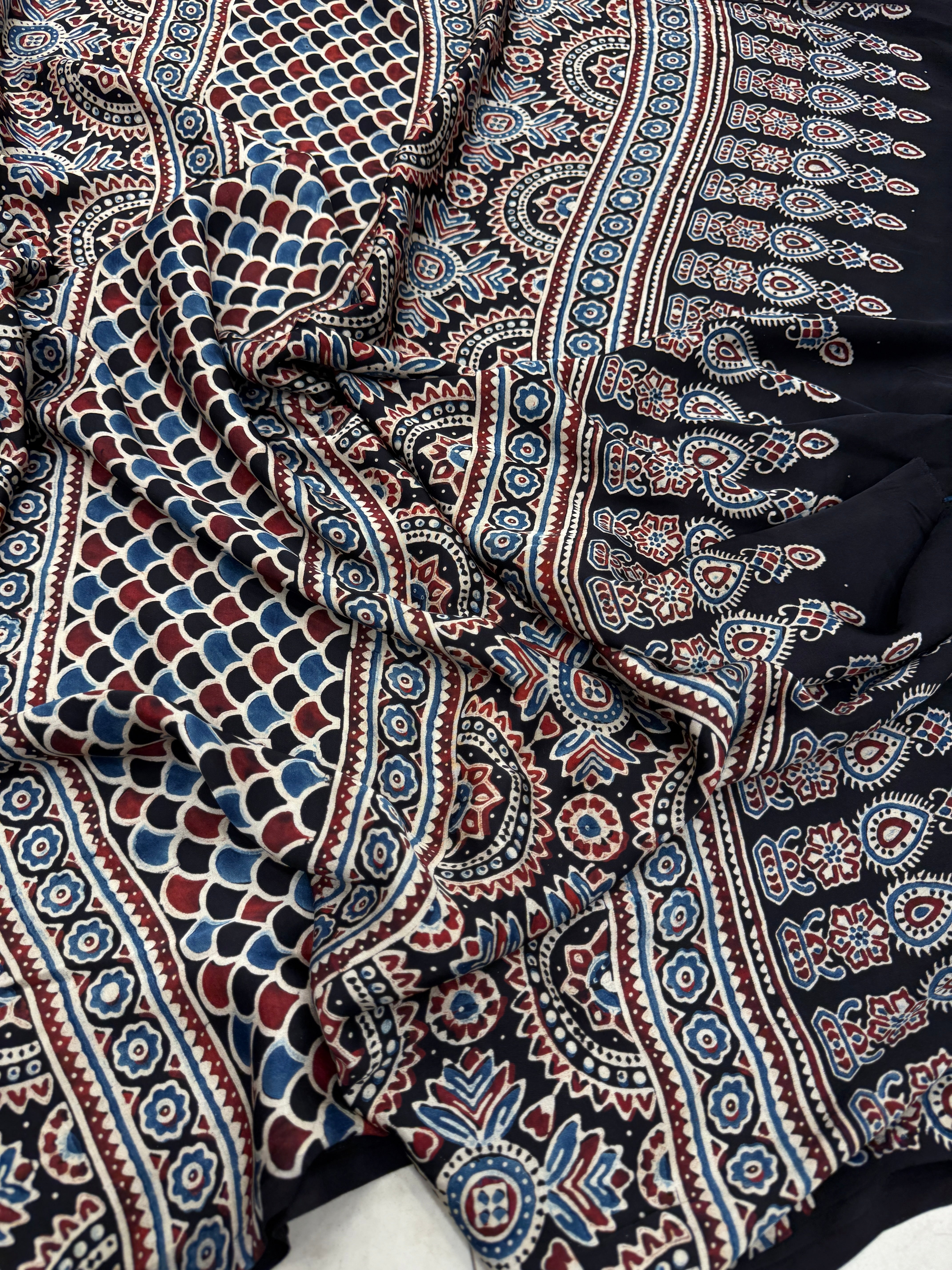 Black Plain Border Modal Gajji Silk Handblock Print Ajrakh Saree