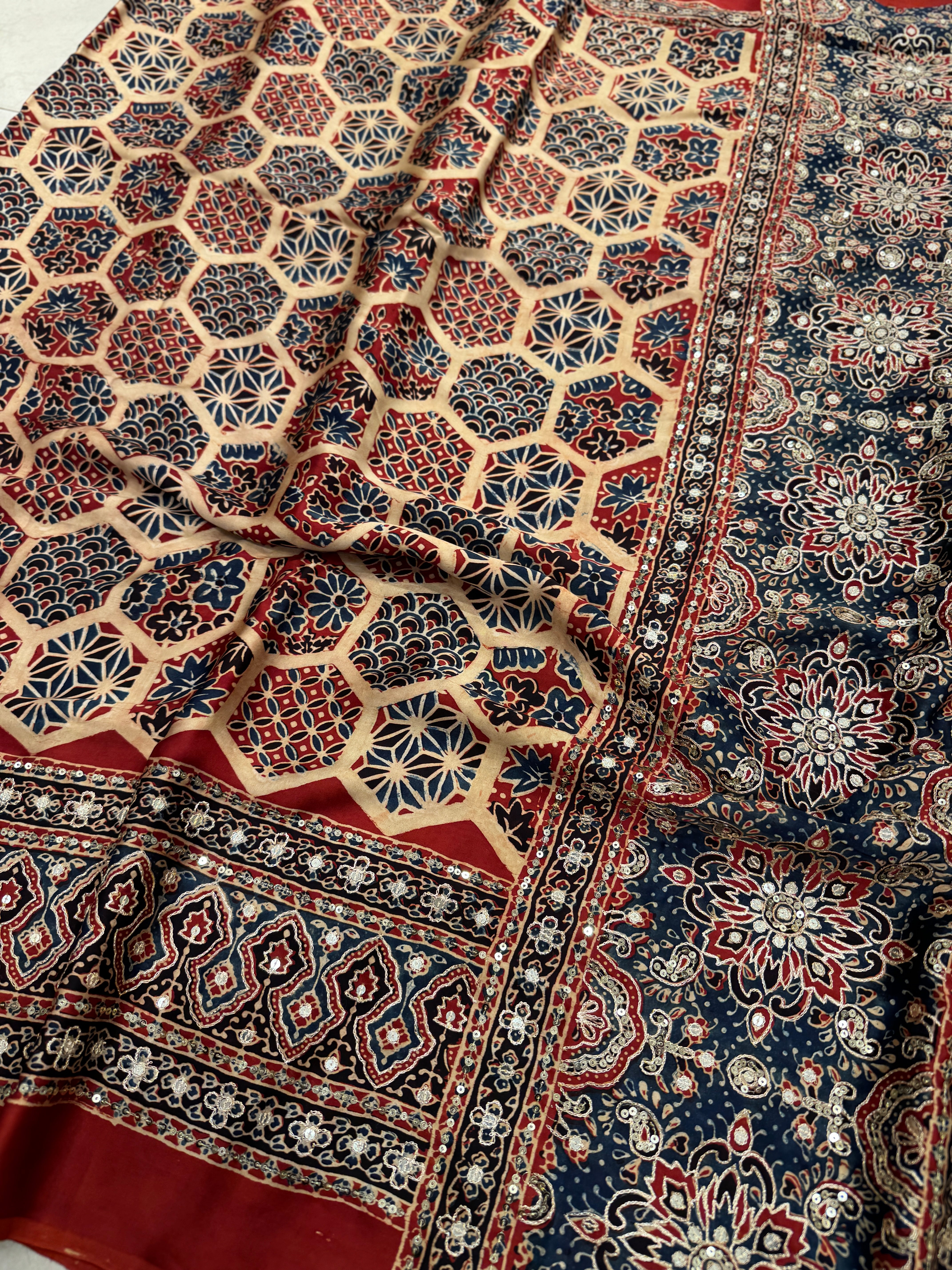 White Red Abstract Jaal Pita Sequin Ajrakh Hand Embroidery Saree