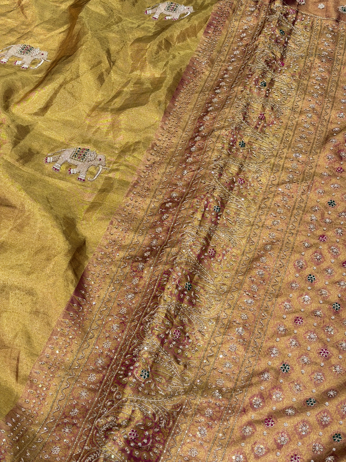 Golden Tissue Silk Kanjivaram Elephant Motif Zardosi Hand Embroidery Saree