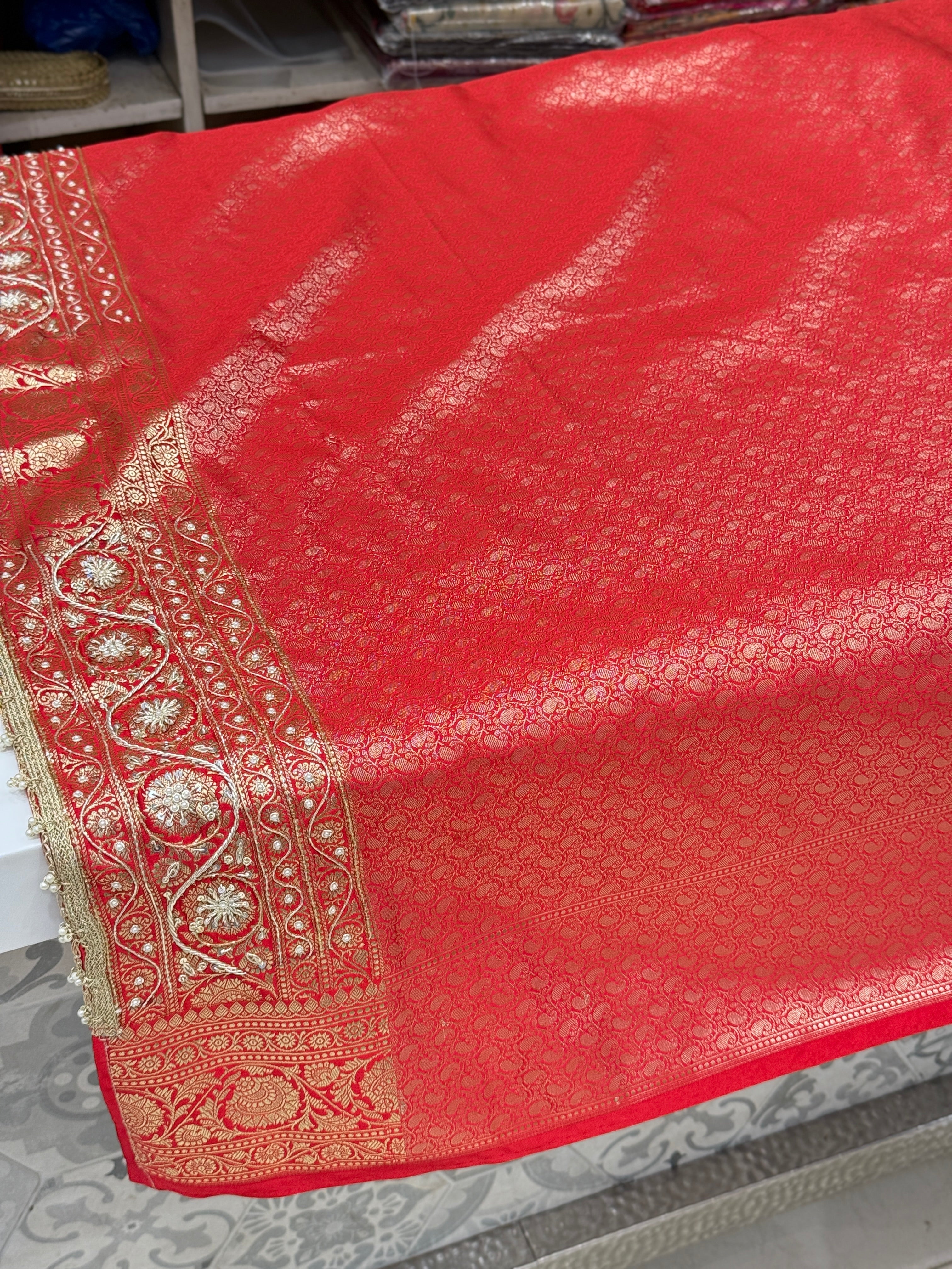 Red Banarasi Chand Buttis Zardosi Hand Embroidery Saree