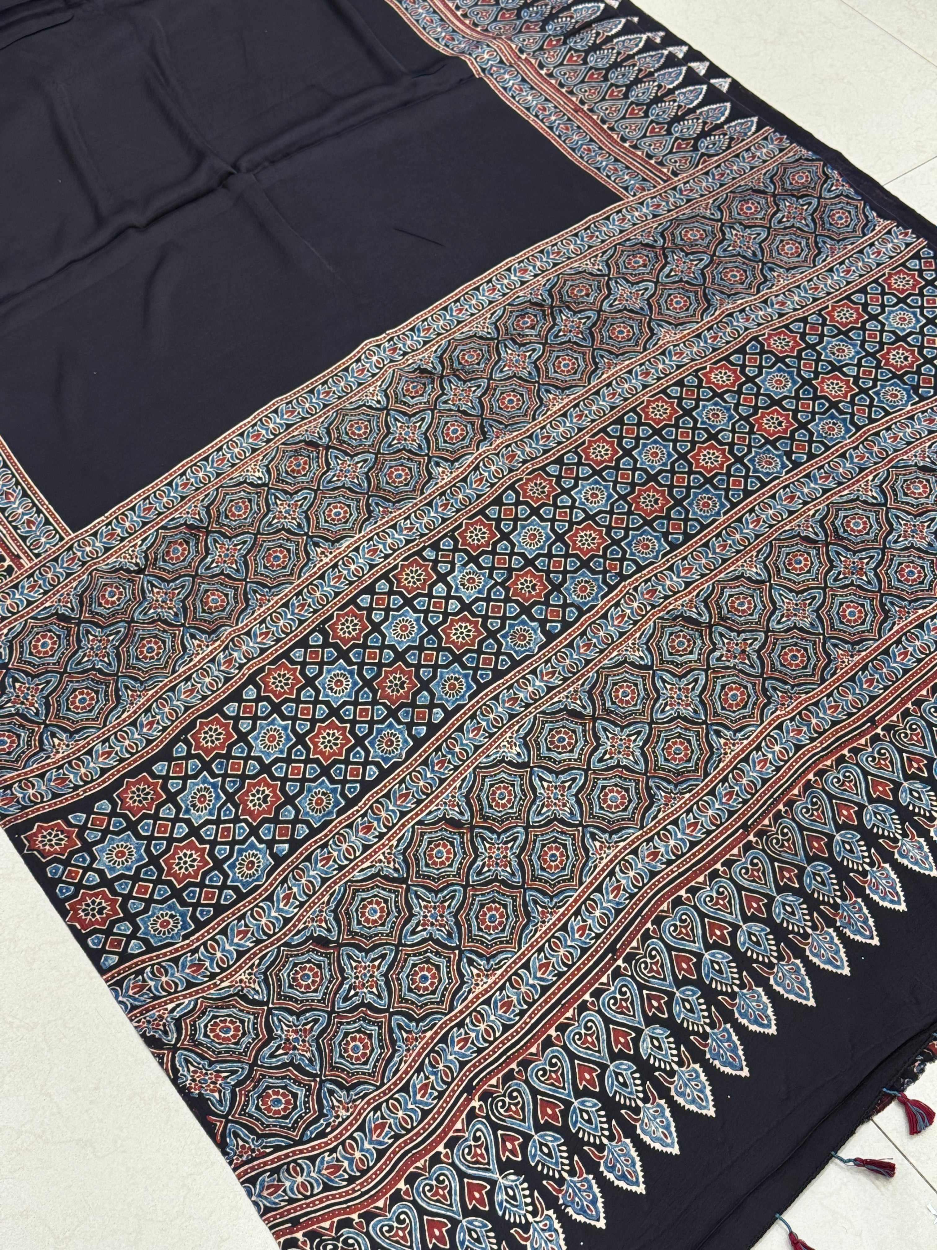 Black Border Contemporary Ajrakh Hand Block Print Pure Gajji Silk Saree