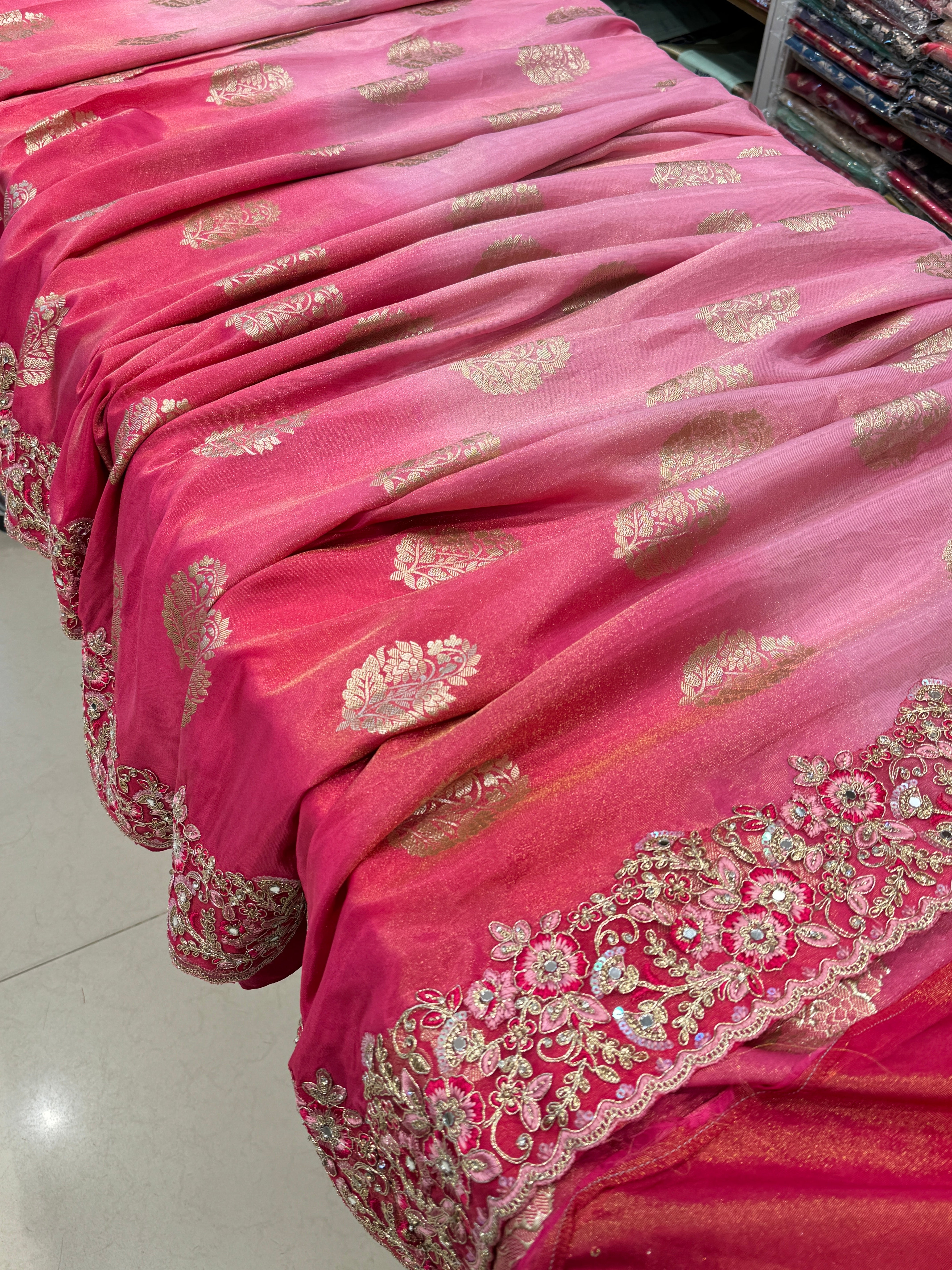 Rani Shaded Crepe Tissue Embroidery Saree
