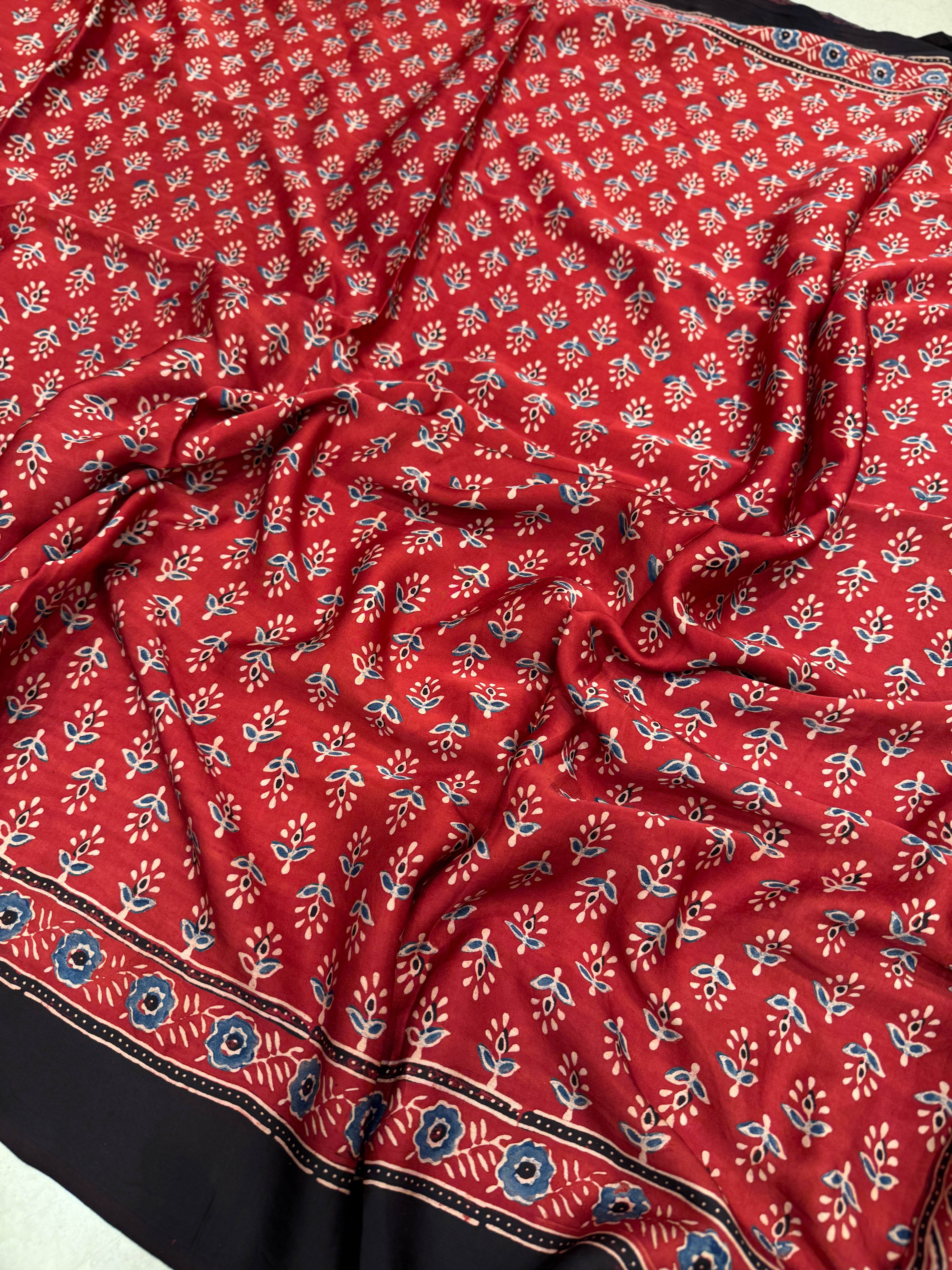 Red Buttis Ajrakh Saree Modal Gajji Silk Hand Block Print