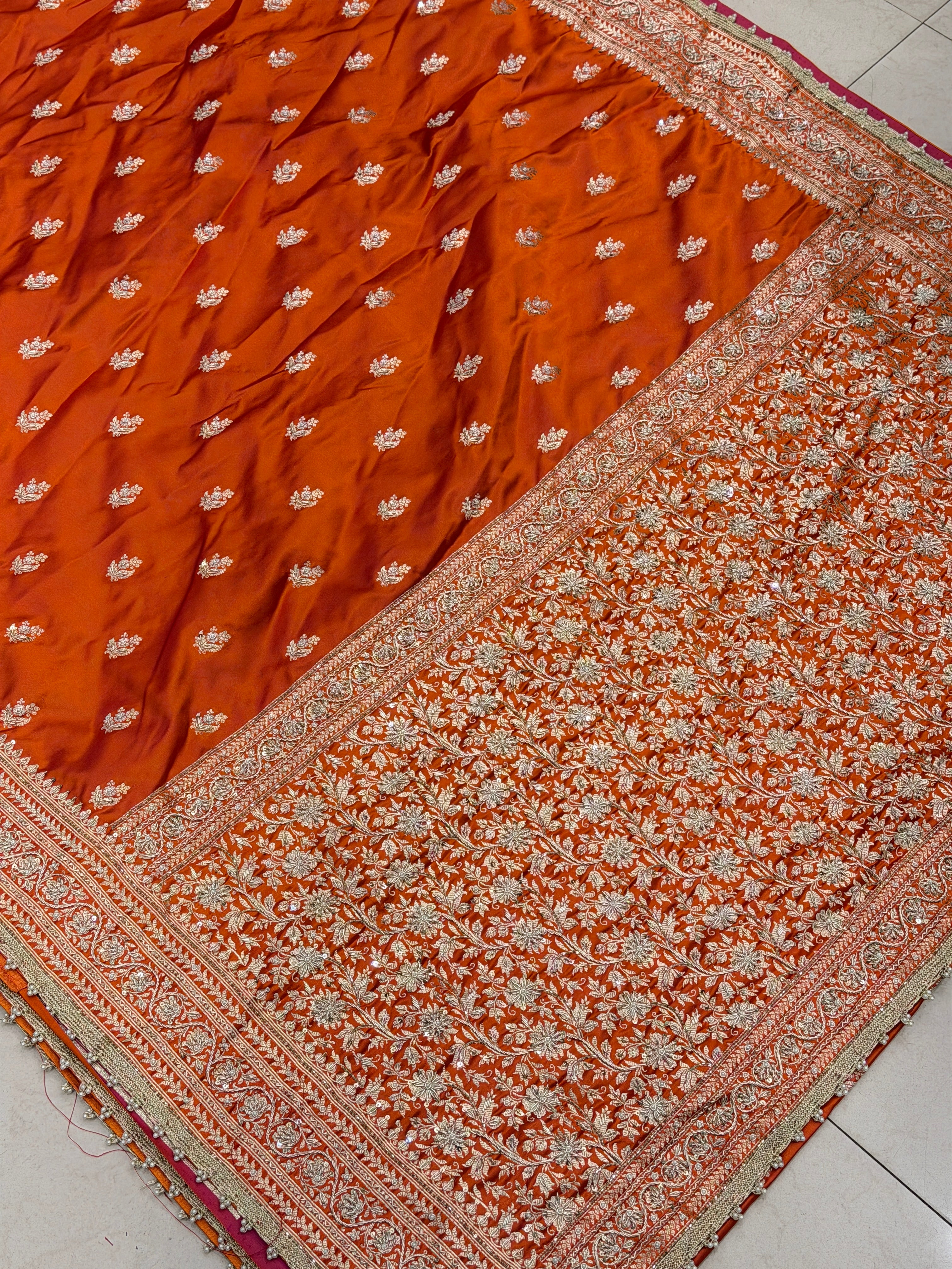 Rust Orange Banarasi Buttis Zardosi Hand Embroidery Saree