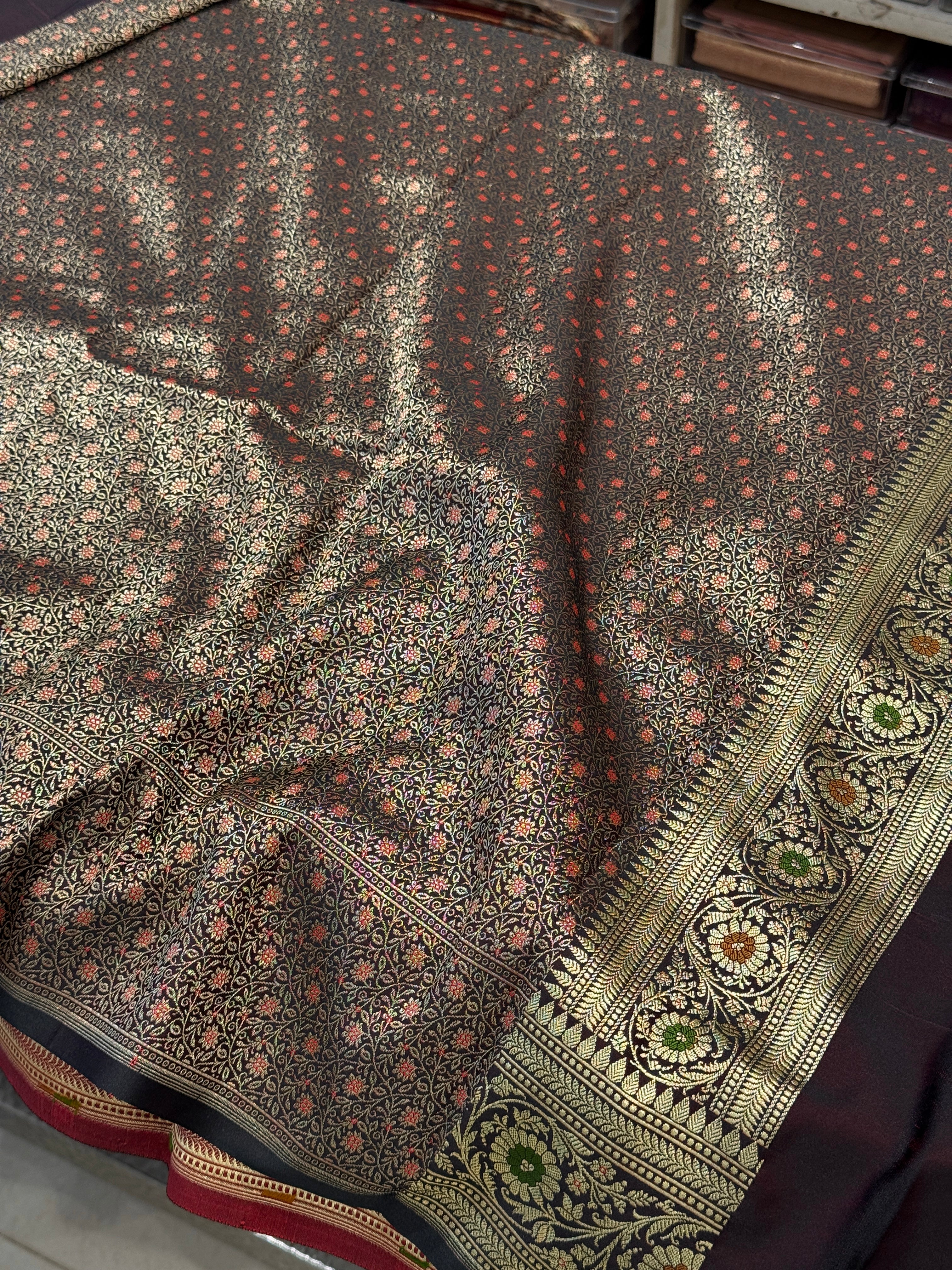 Browish Red Banarasi Silk Floral Buttis Meenakari Border Silk Saree