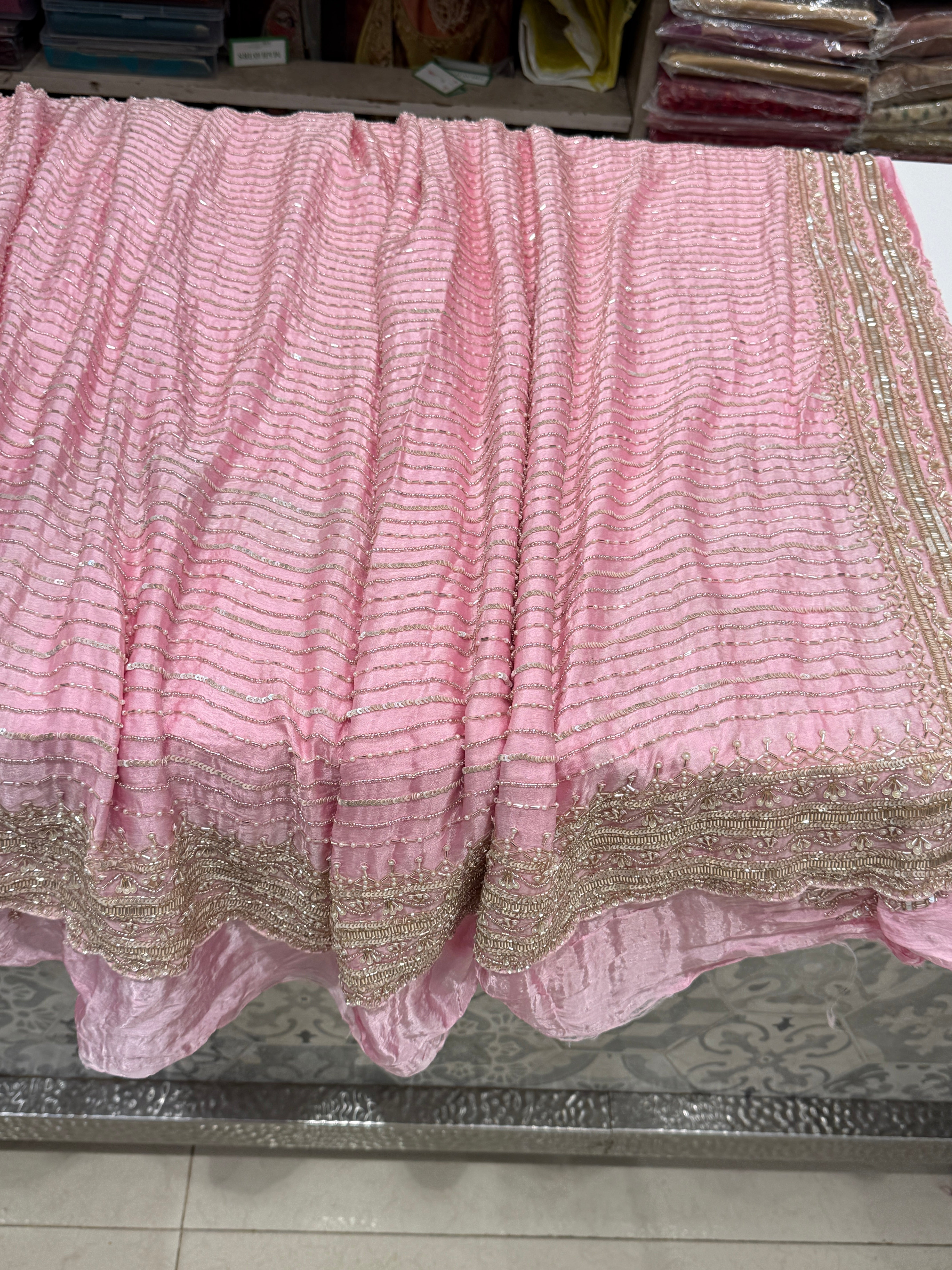 Pink Satin Crepe Moti MM inspired Hand Embroidery Saree