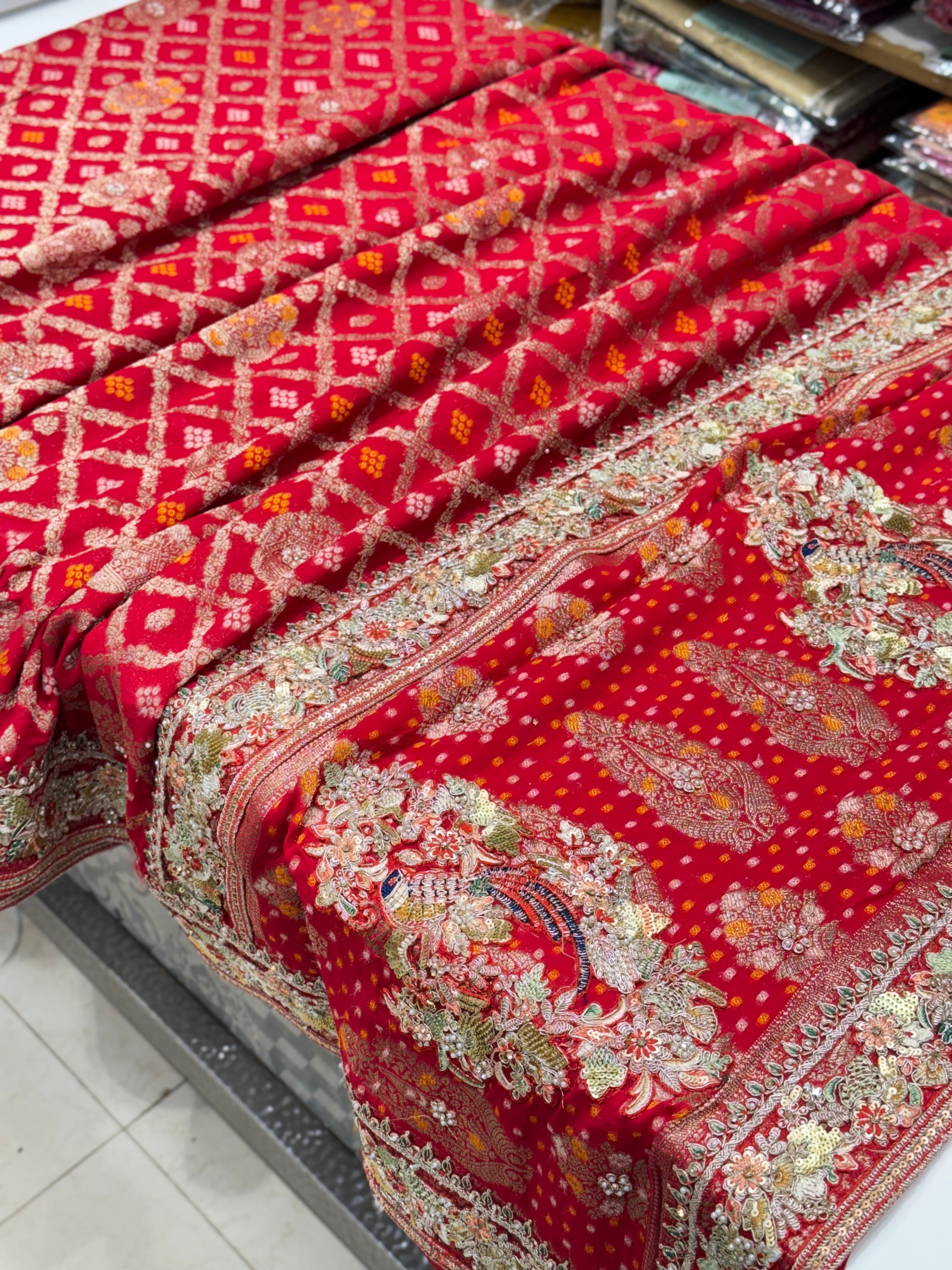 Red Gharchola Floral Embroidered Border Saree
