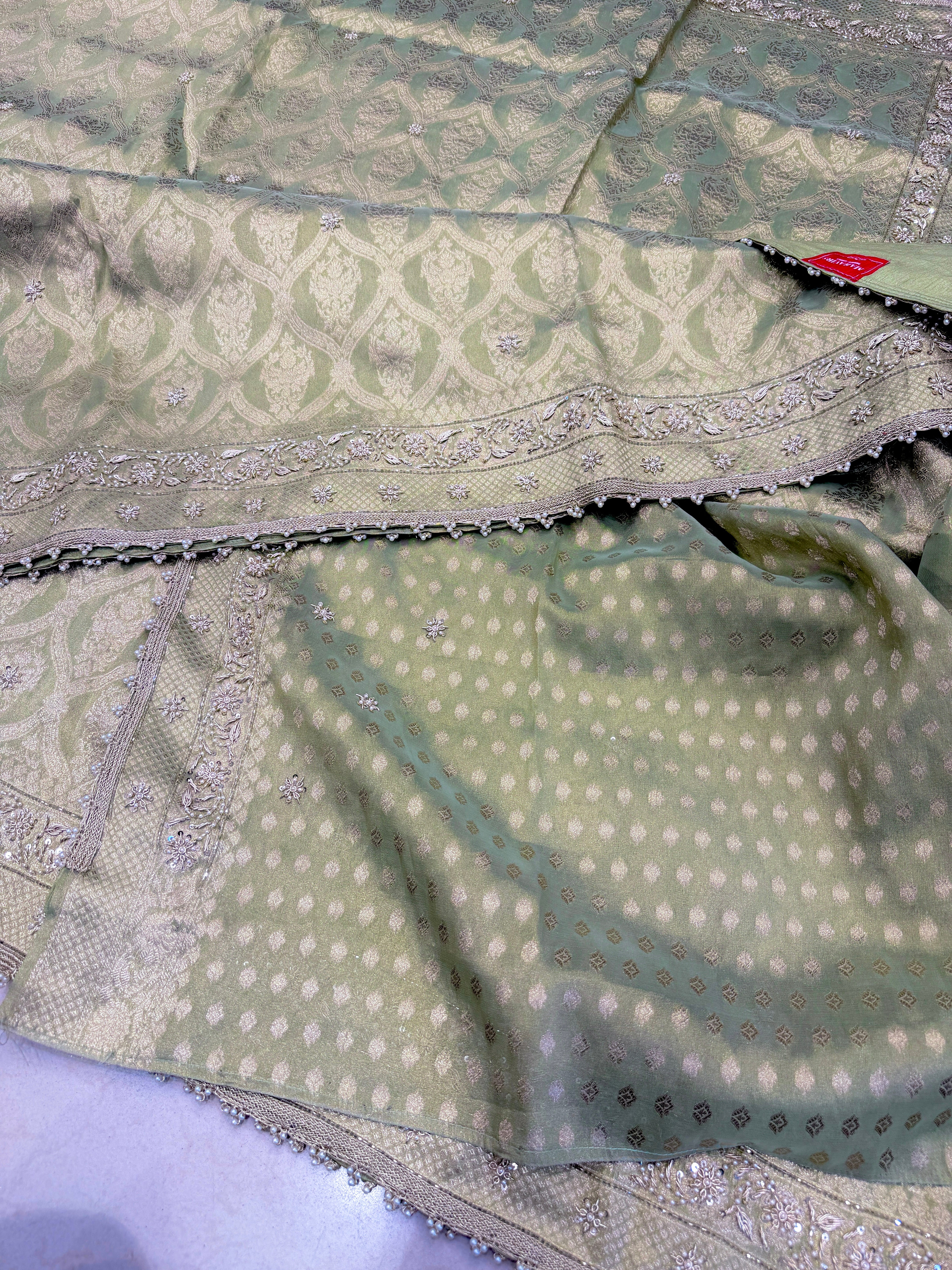 Pista Green Tissue Crown Jaal Hand Embroidery Zardosi gota Saree