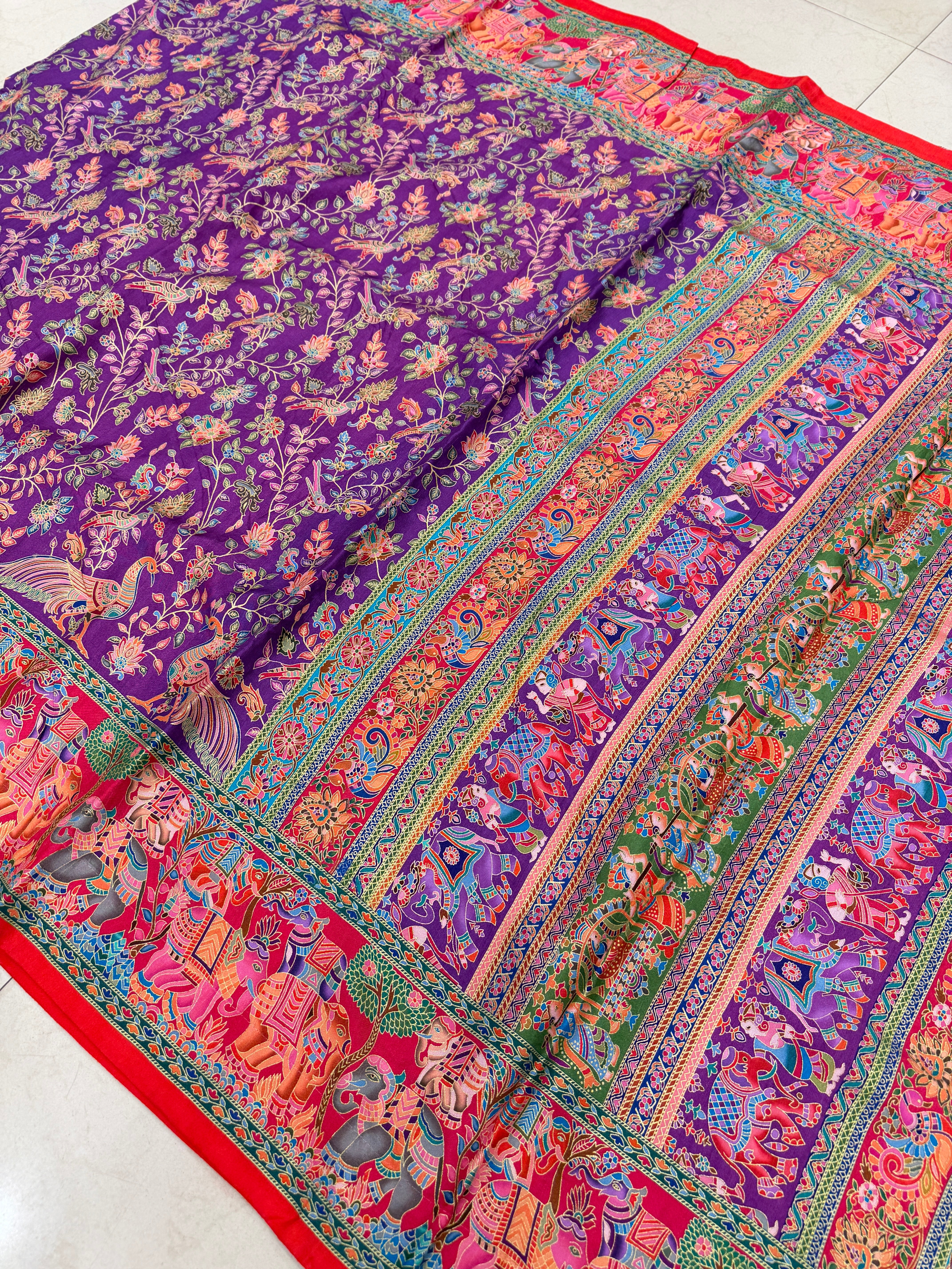 Violet Red Skirt Printed Pashmina Style Multi Colour Saree