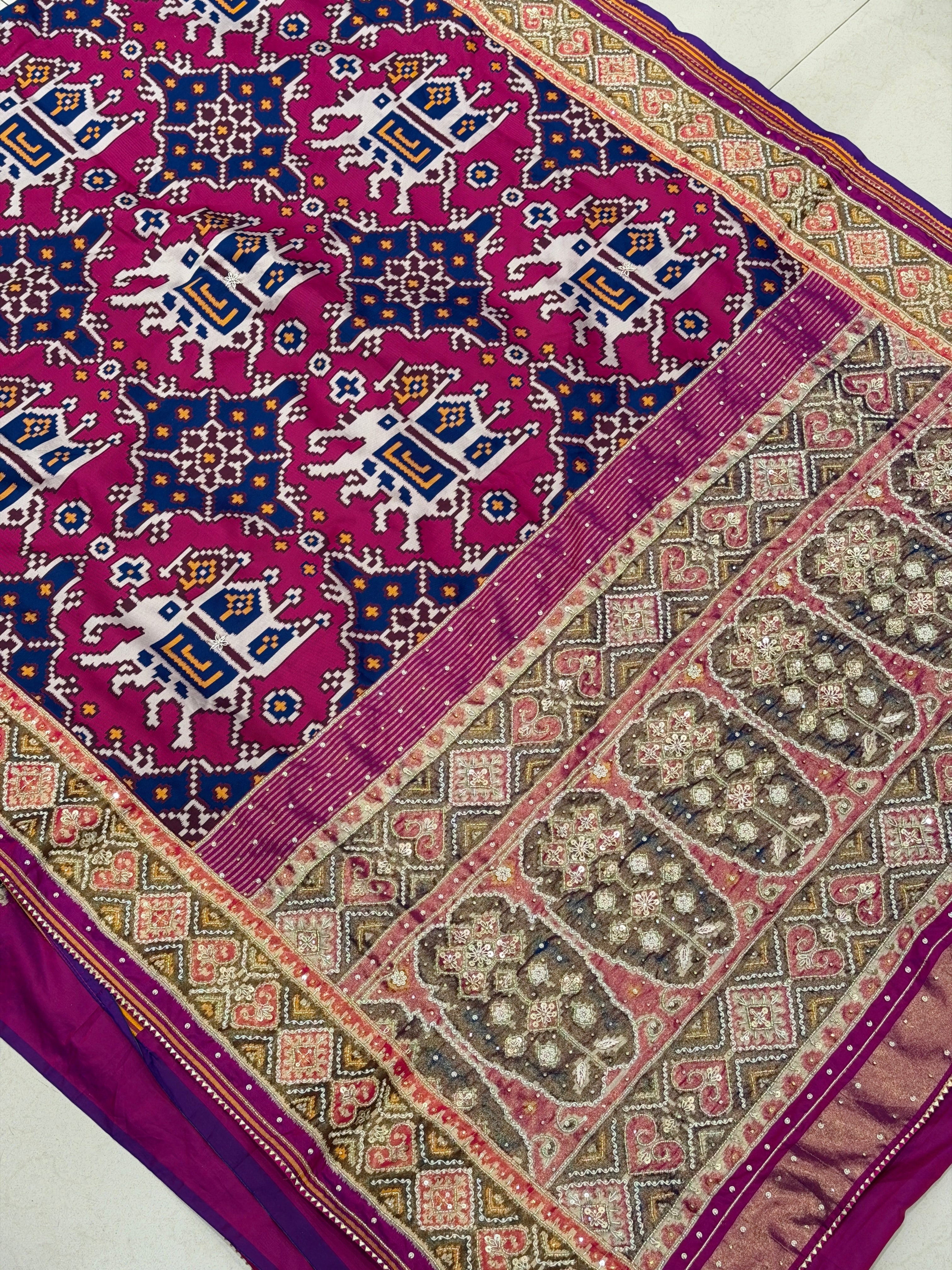 Blue Magenta Chabdi Elephant Patola Zardosi Hand Embroidery Saree