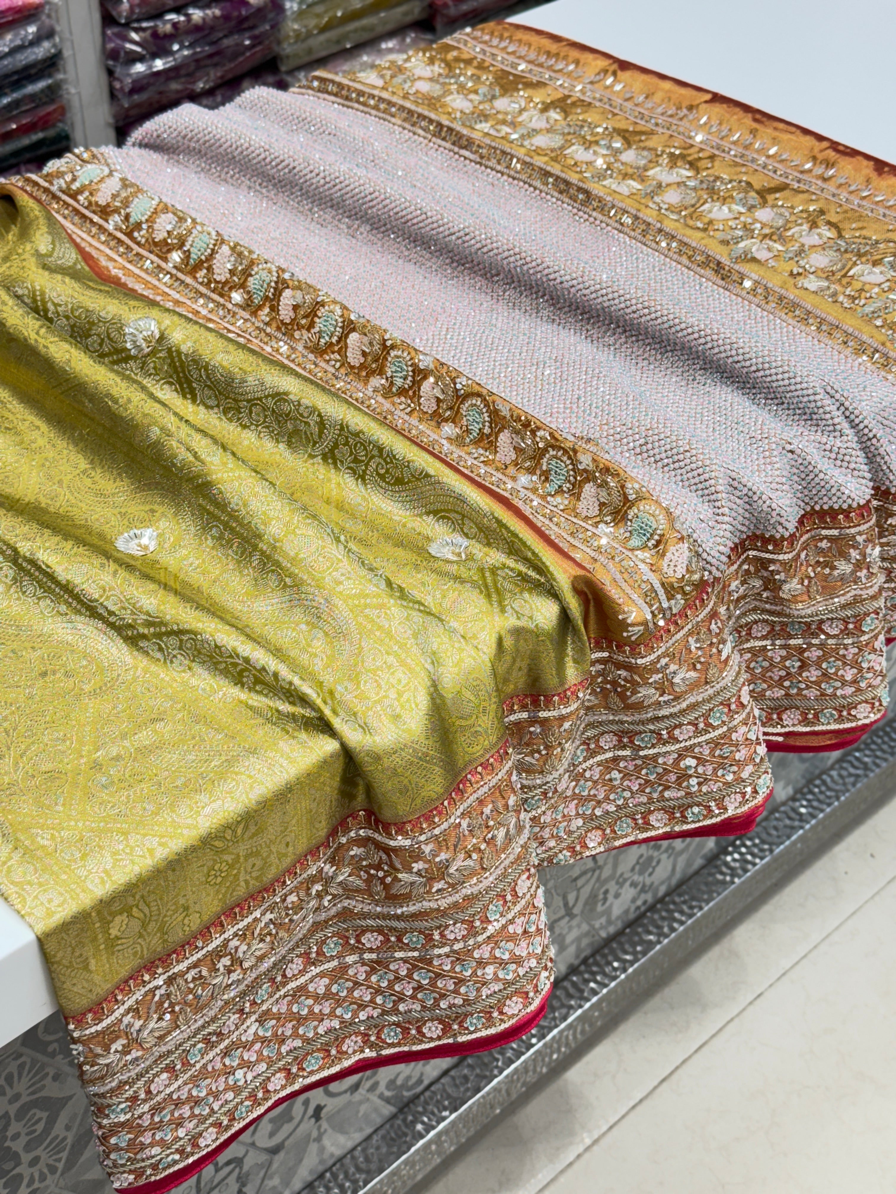 Pista Green Rani Tissue Kanjivaram Hand Embroidery Saree