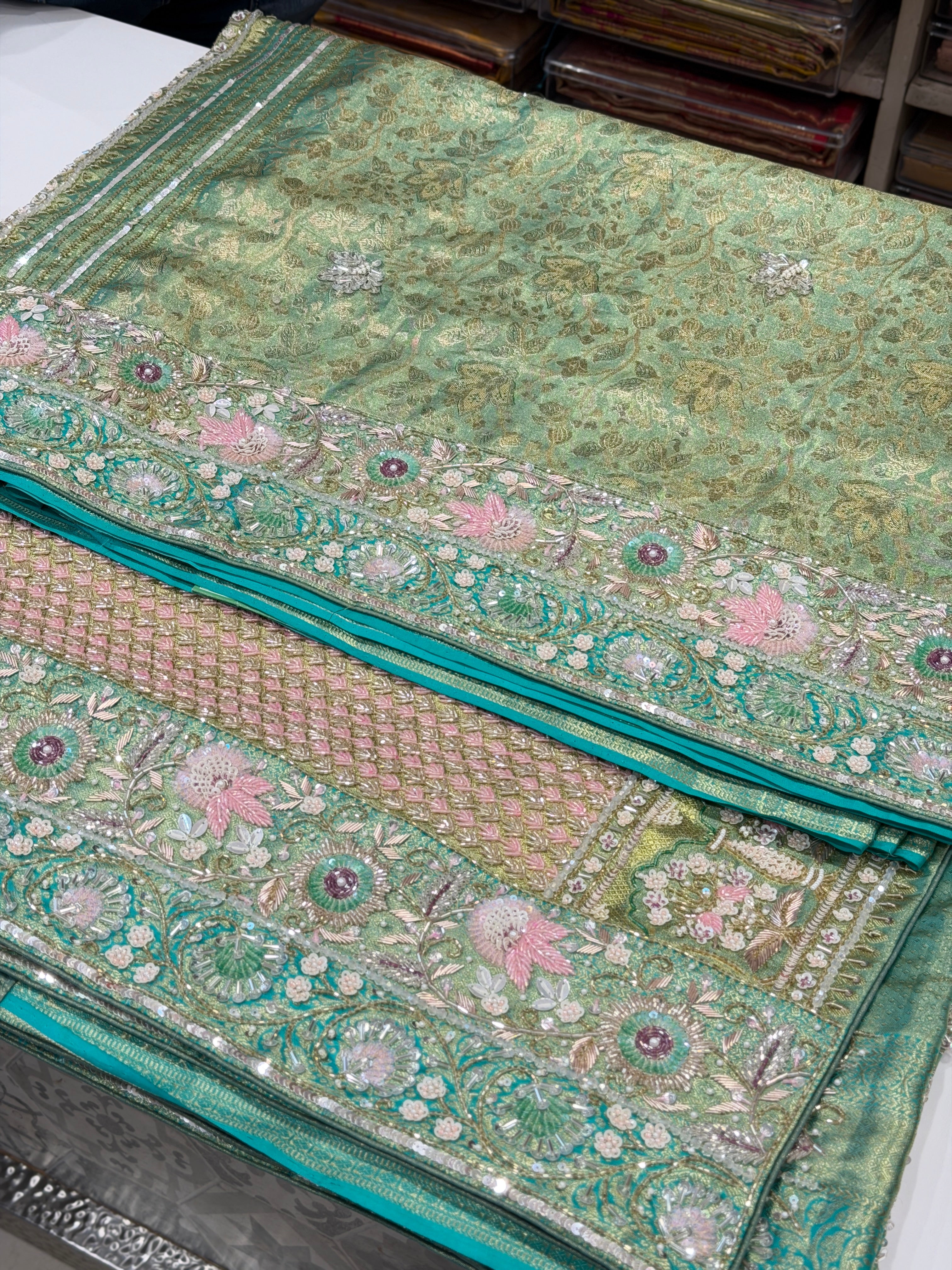 Green Floral Tissue Kanjivaram Hand Embroidery Saree