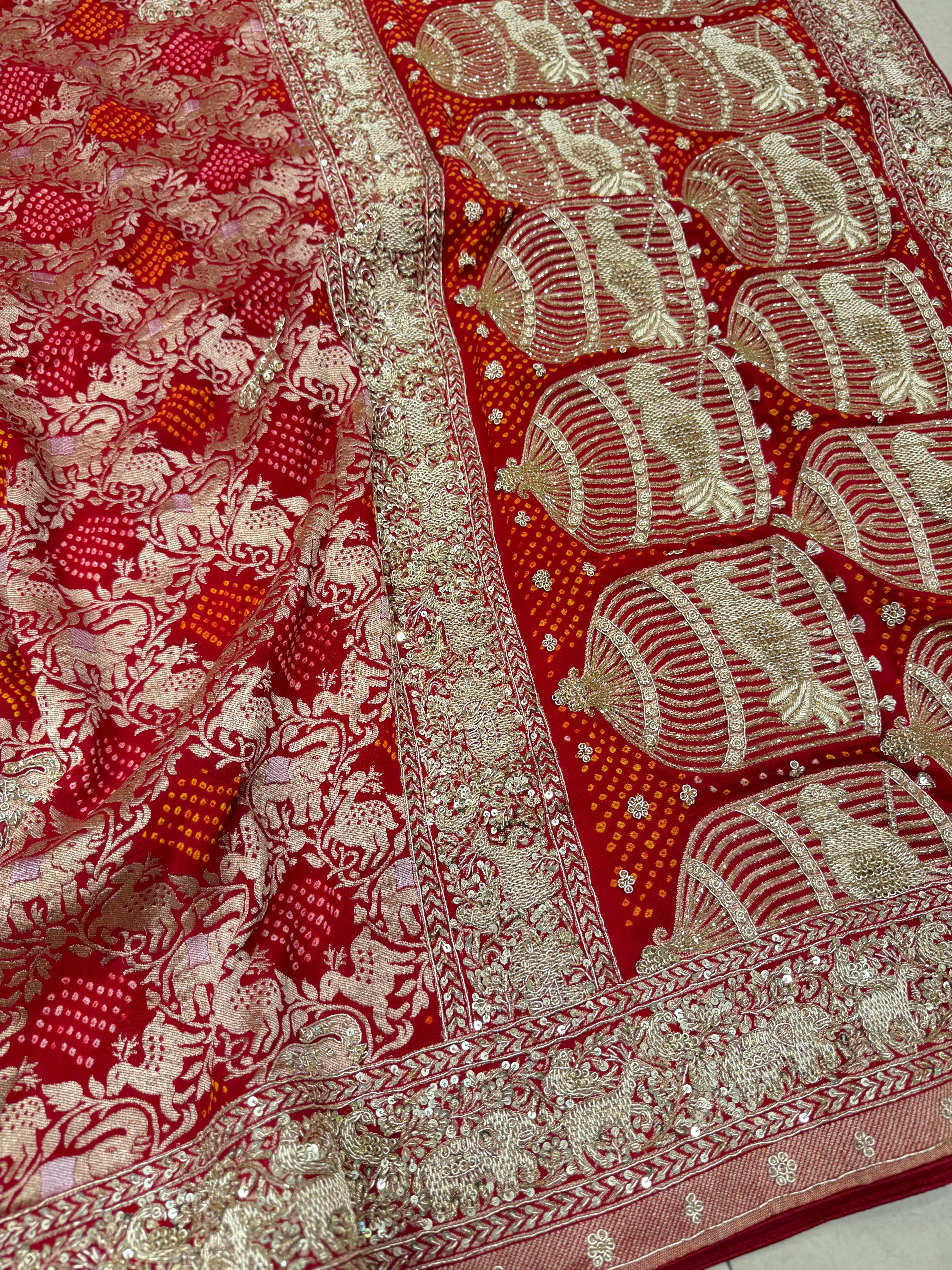 Red Shikara Sona Roopa Rai Bandhej Georgette Zardosi Hand Embroidery Saree