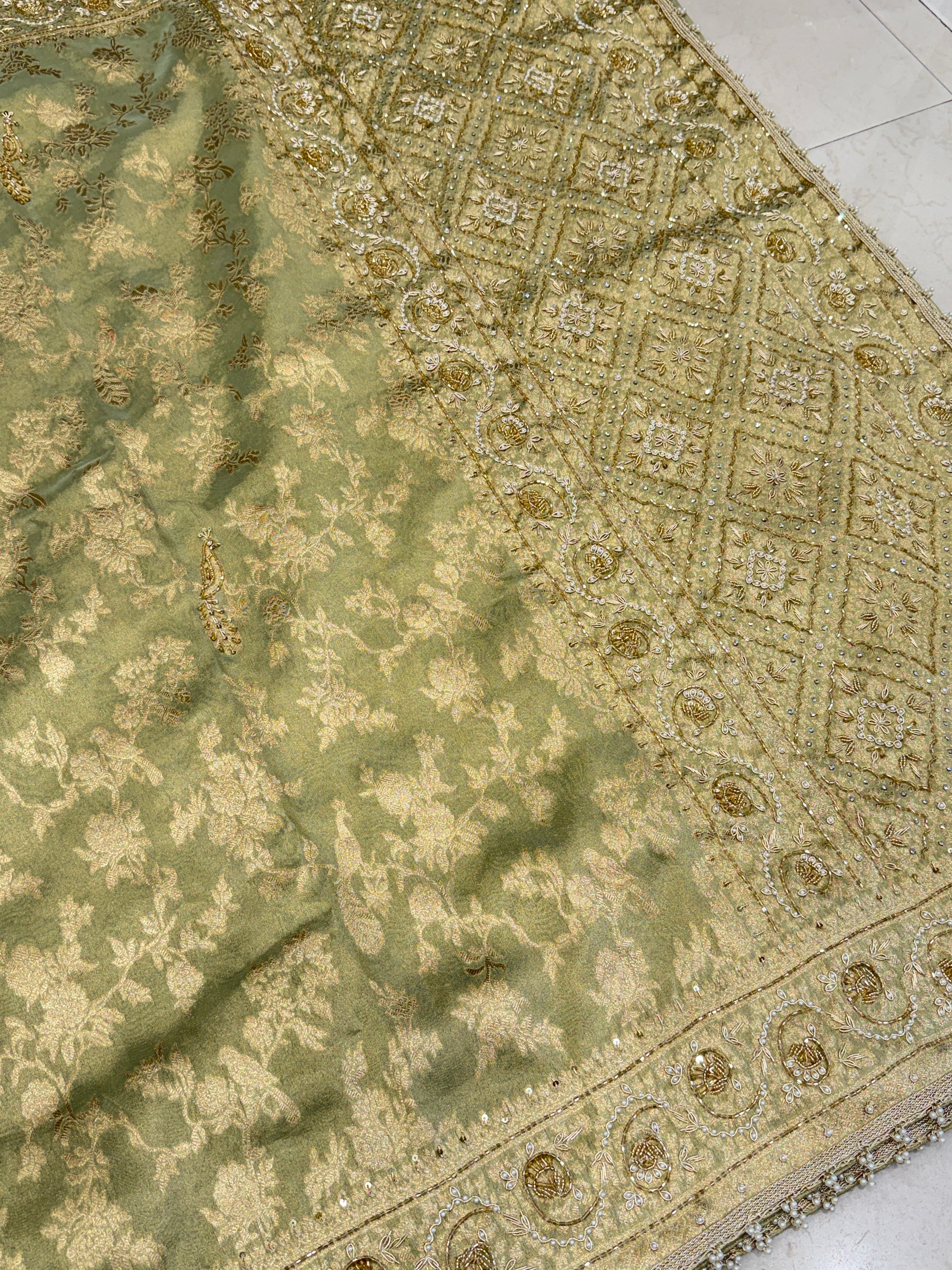 Pista Green Tissue Jaal Zardosi Moti Embroidery Saree