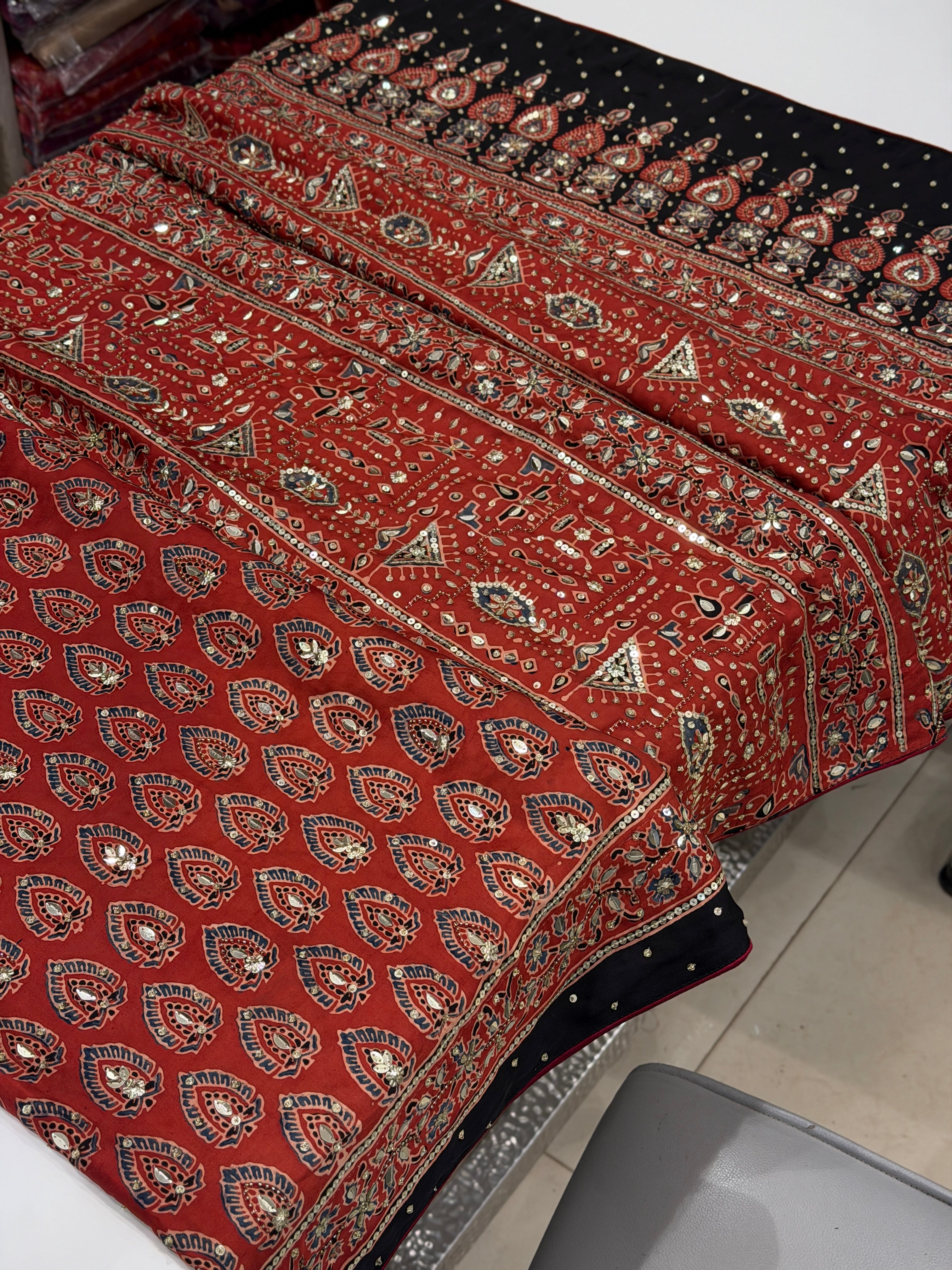 Red Butti Ajrakh Sequin Moti Hand Embroidery Saree