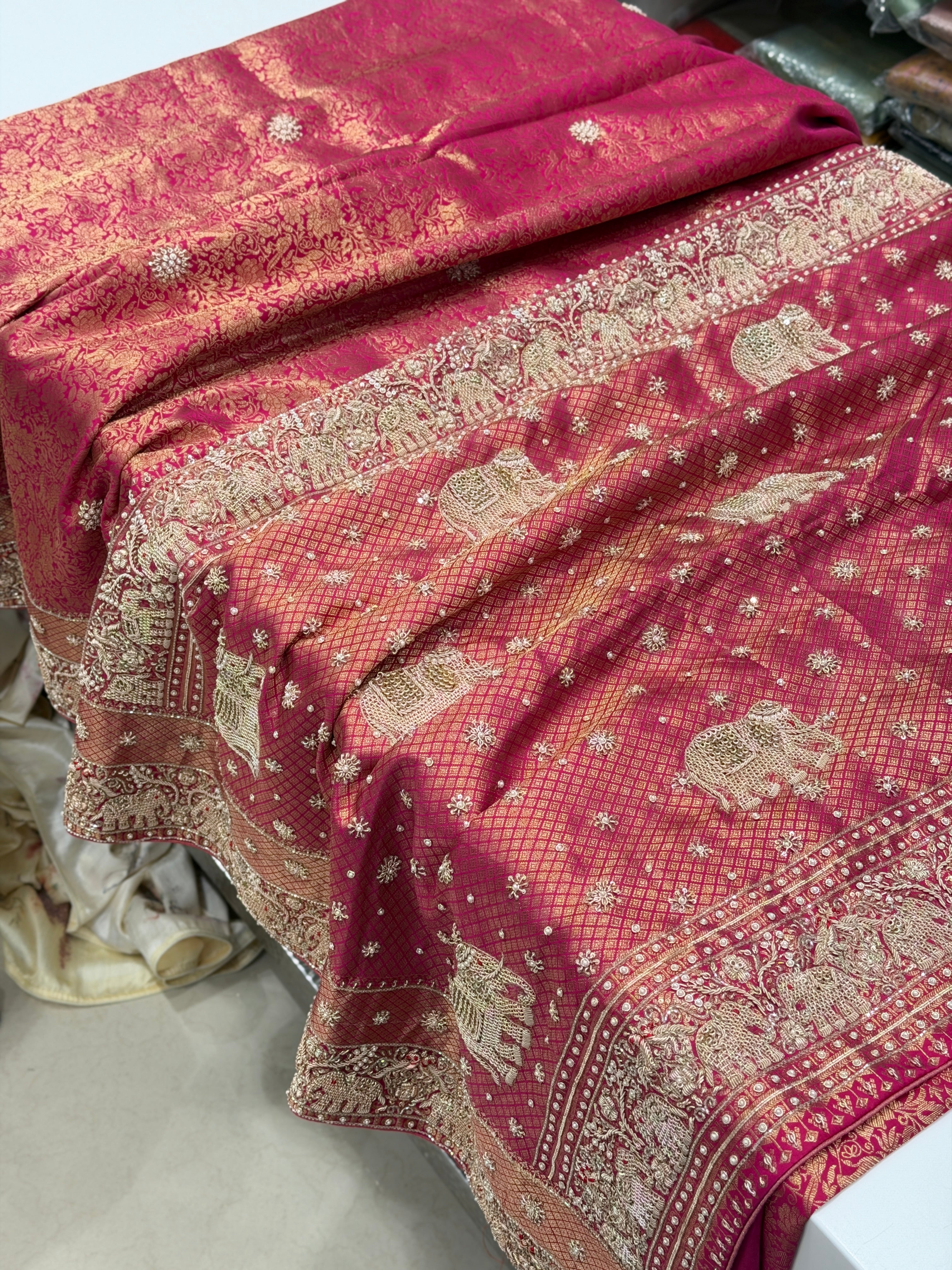 Rani Pink Pure Silk Kanjivaram Elephant Motif Hand Embroidery Saree