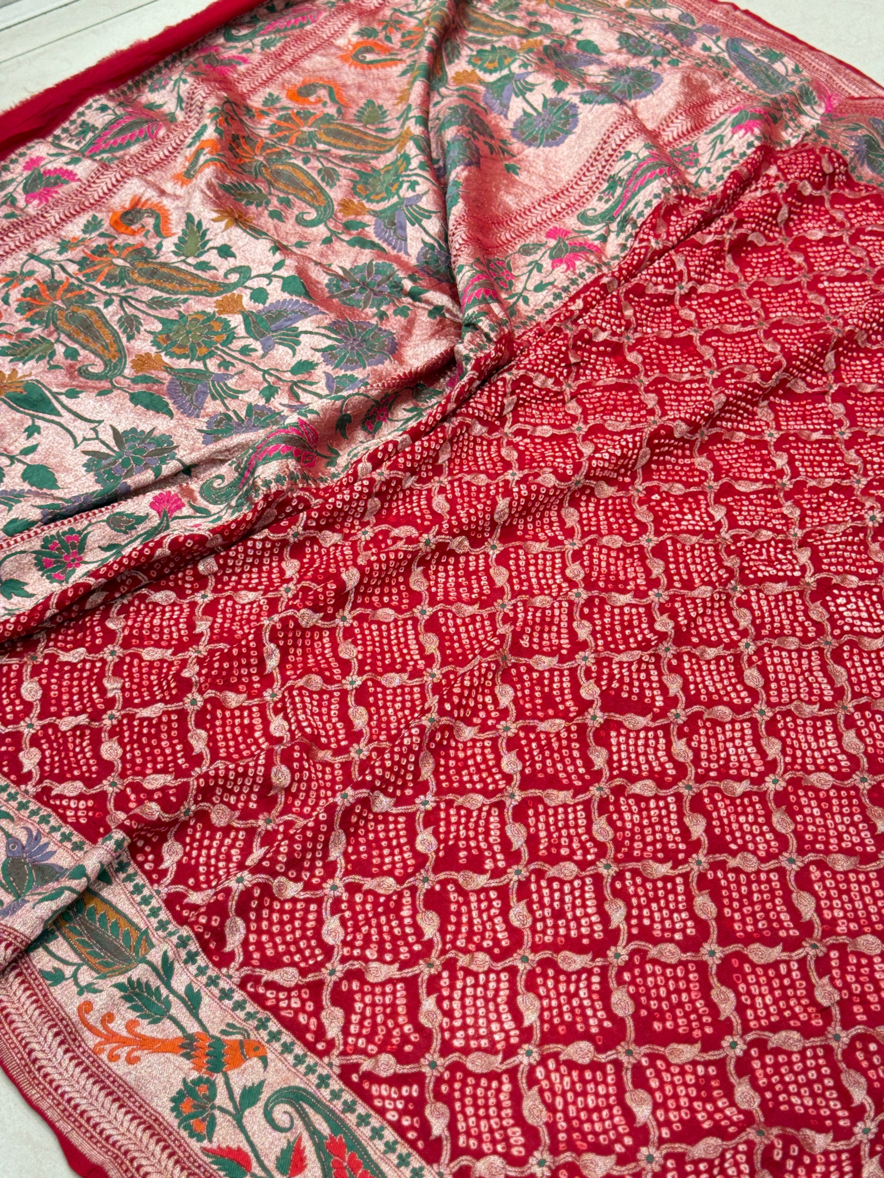 Red Handloom Floral Meenakari Rai Bandhej Pure Zari Dupatta