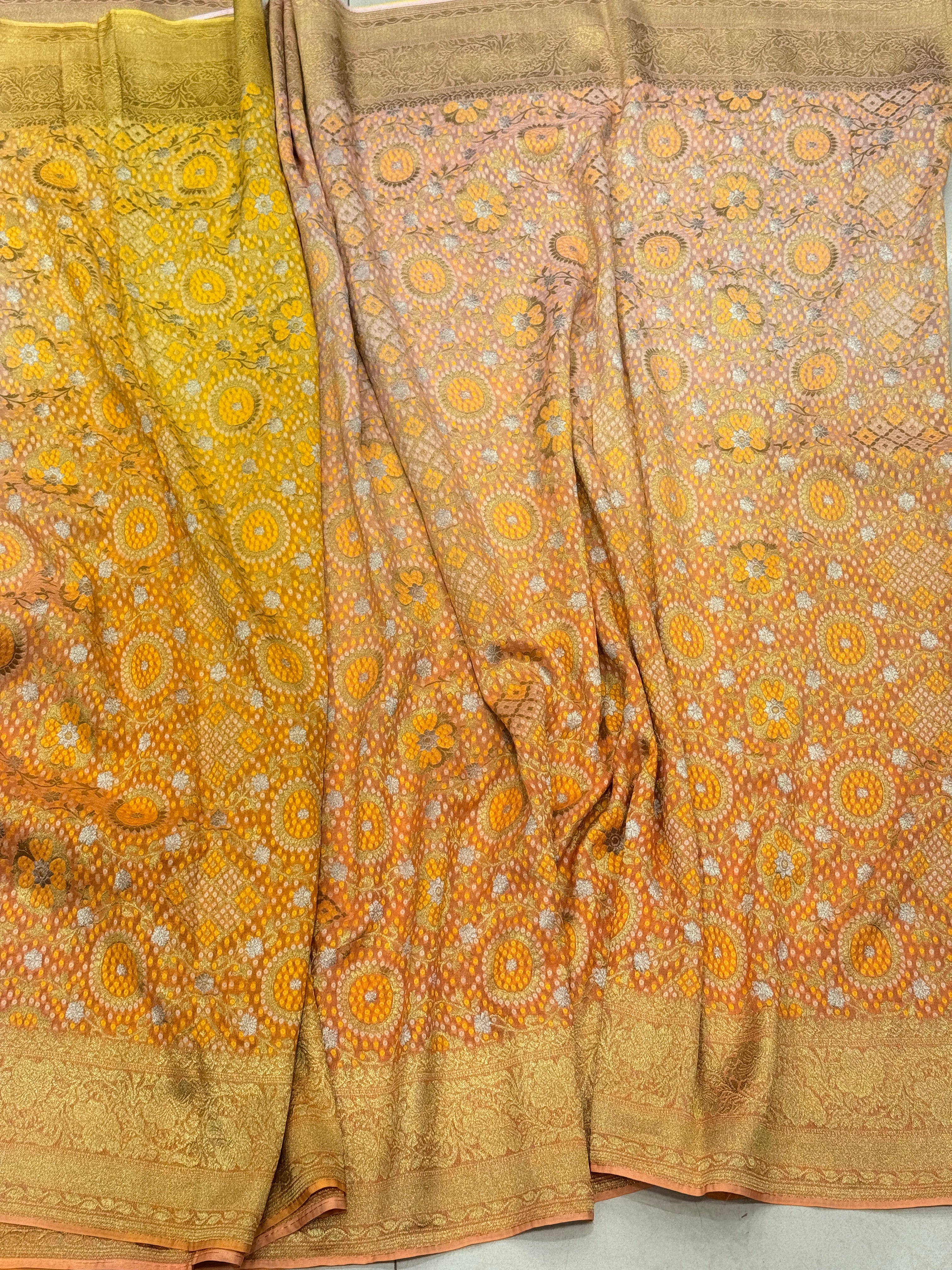 Orange Shaded Woven Bandhej Georgette Banarasi Saree