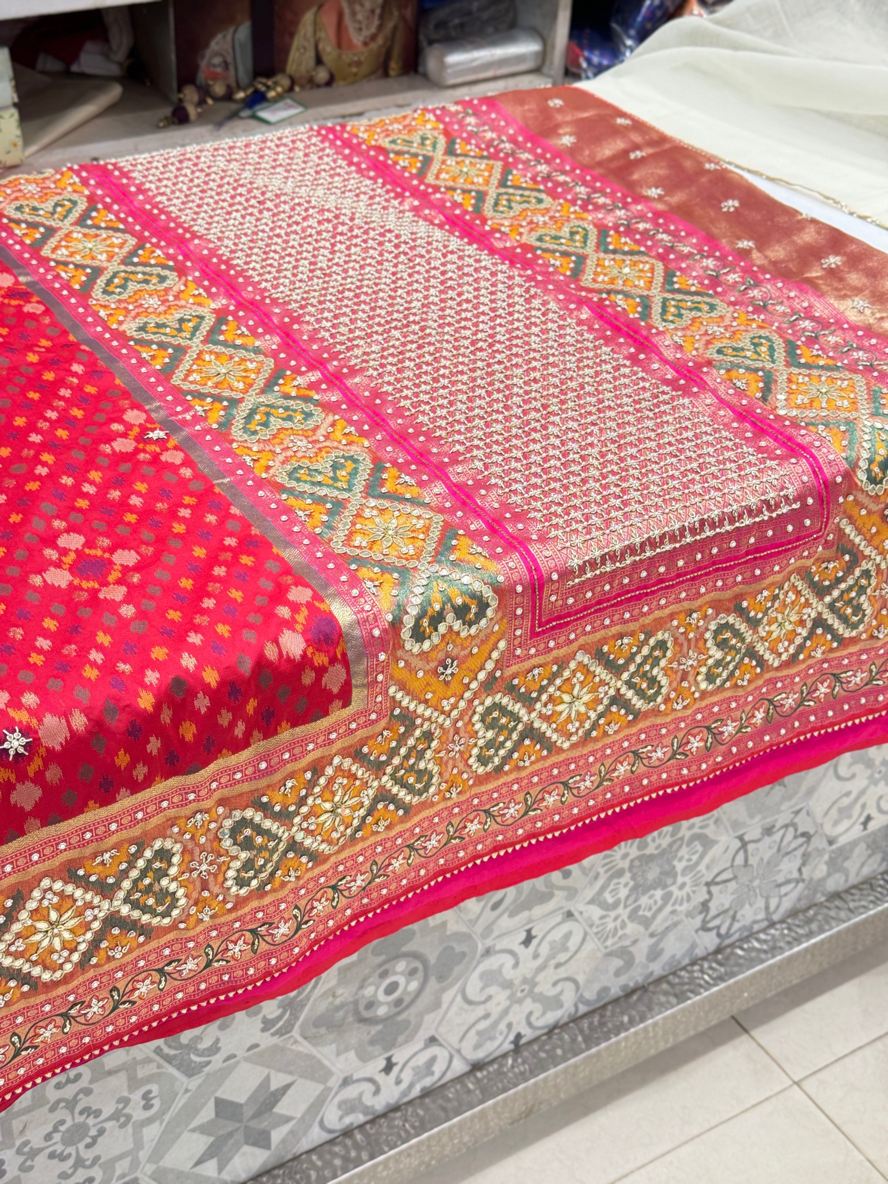 Red Patola Zardosi Gotapatti Dori Hand Emboidery Saree