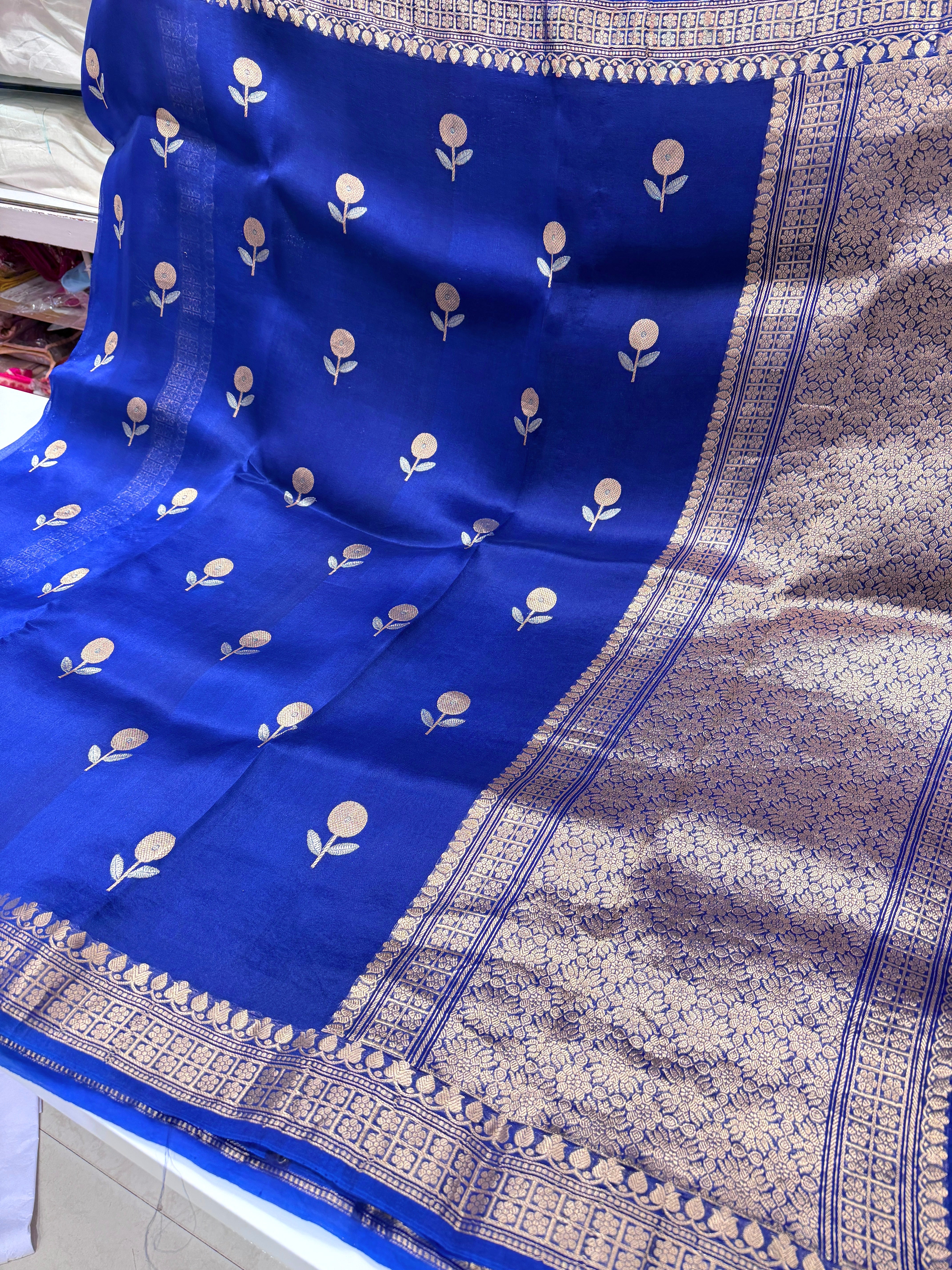 Blue Banarasi Handloom Kora Sona Roopa Butta Saree