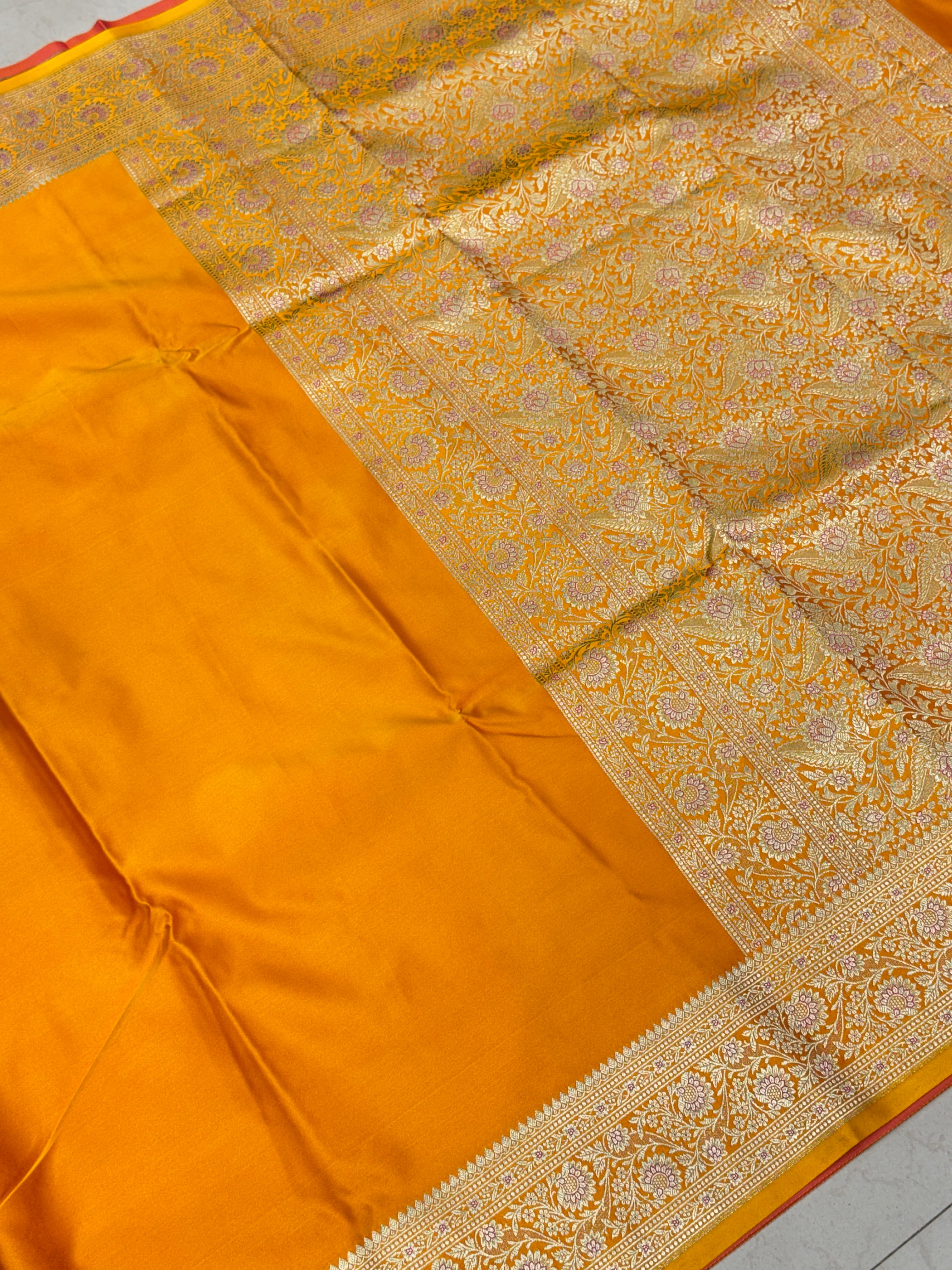 Mango Yellow Banarasi Plain Upside Down Border Saree
