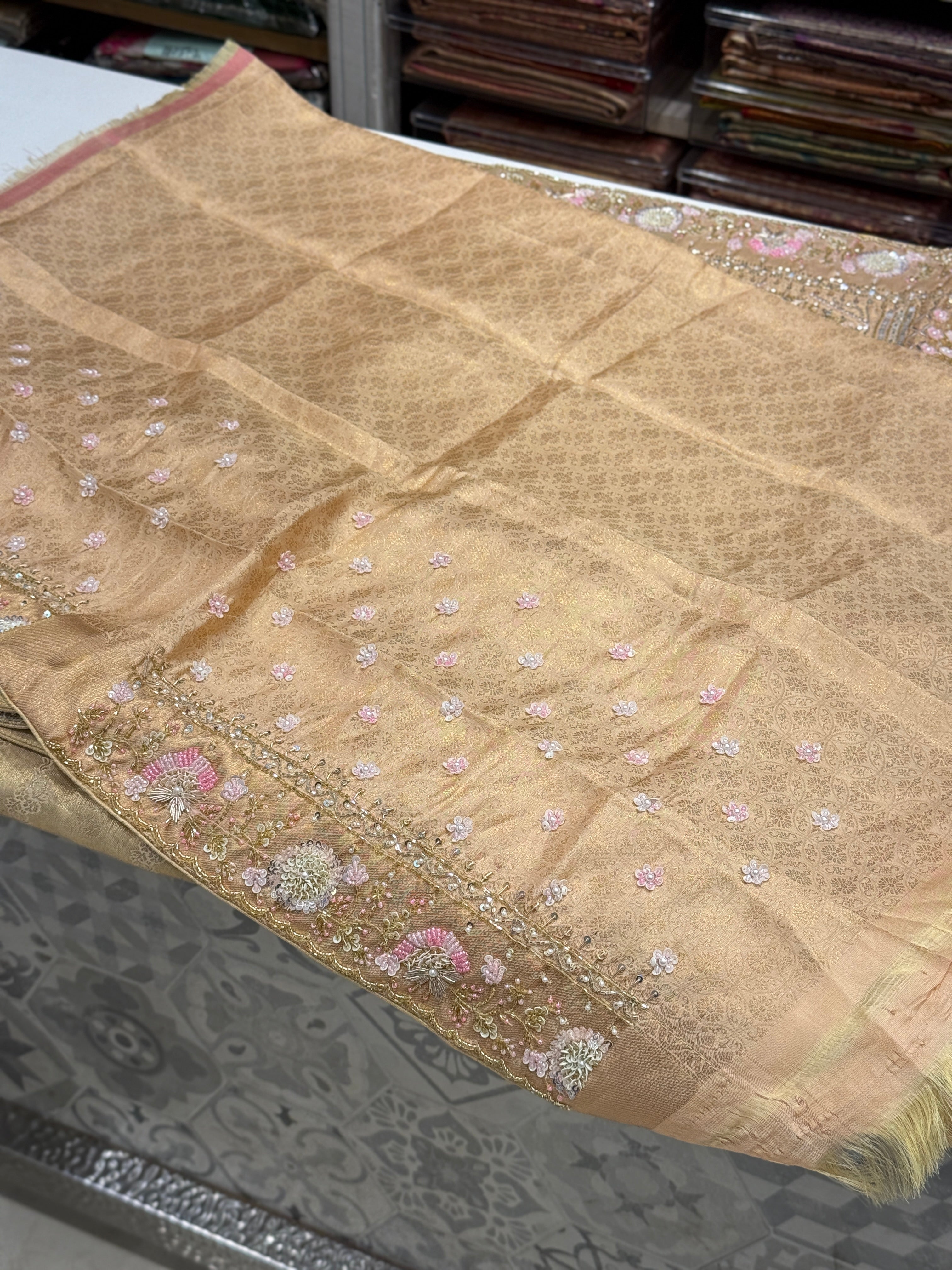 Light Gold Tissue Check Kanjivaram Hand Embroidery Saree