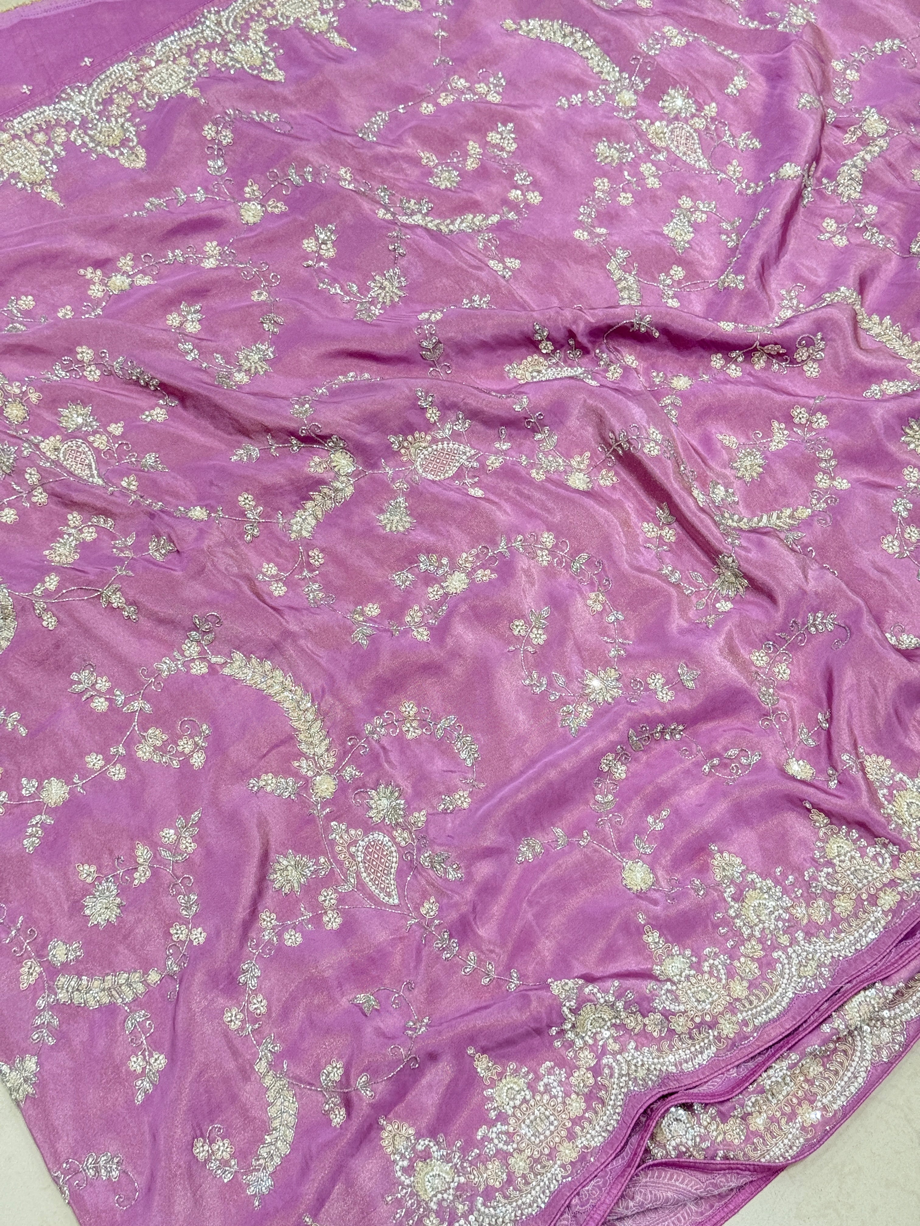Lilac Crepe Tissue Cutana Moti Jaal Hand Embroidery Saree
