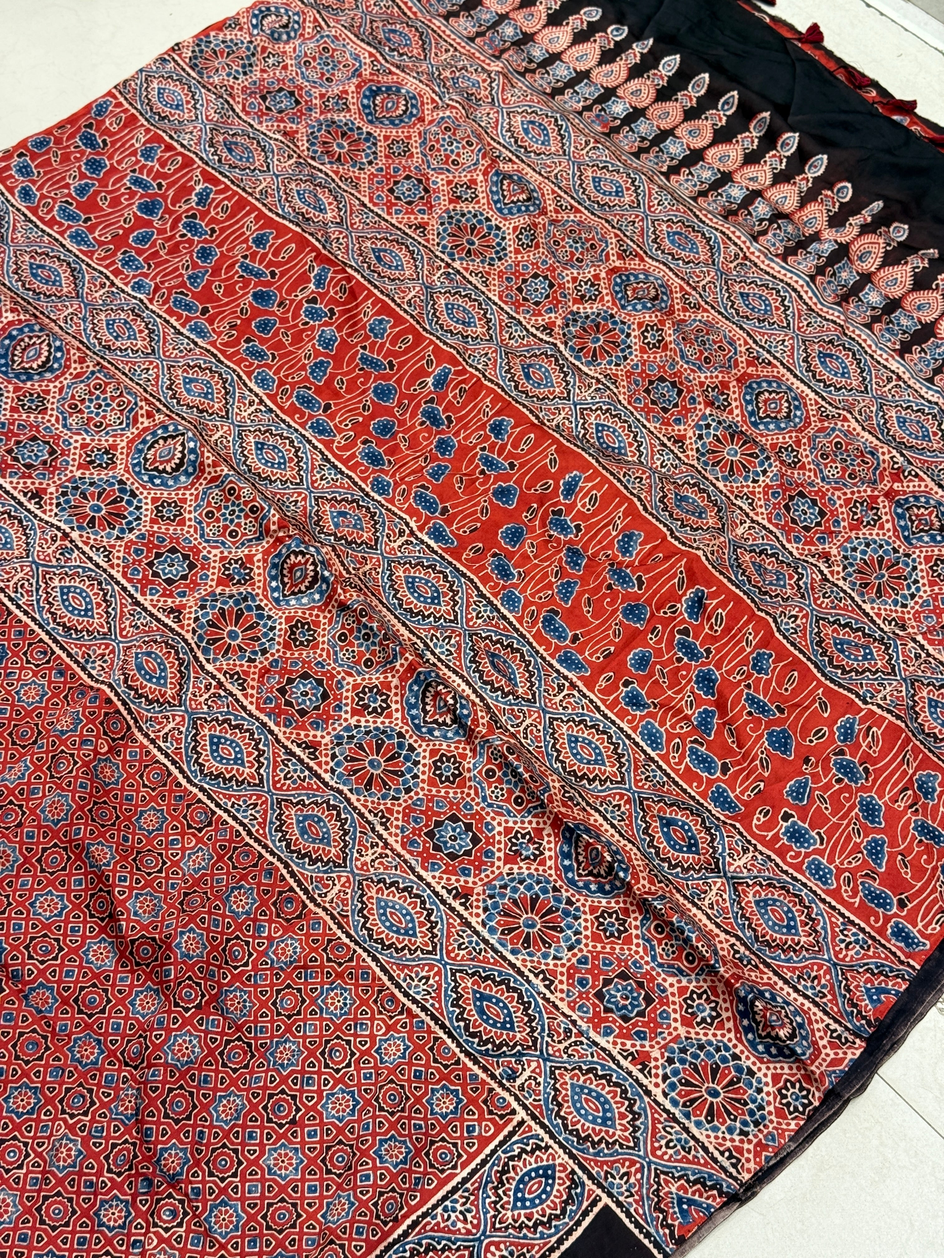 Red Star Butti Ajrakh Block Print Hand Pure Gajji Silk Saree