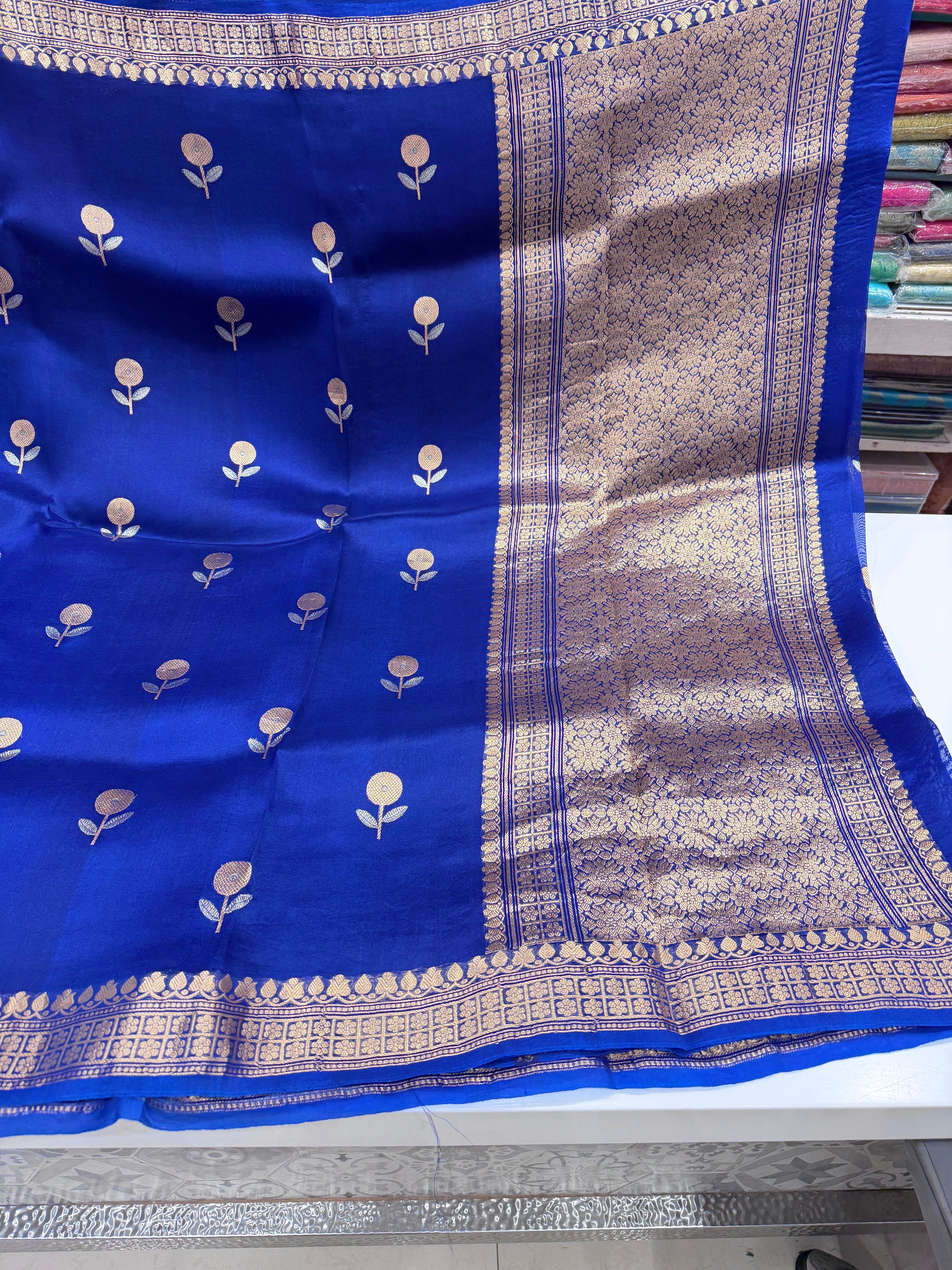 Blue Banarasi Handloom Kora Sona Roopa Butta Saree