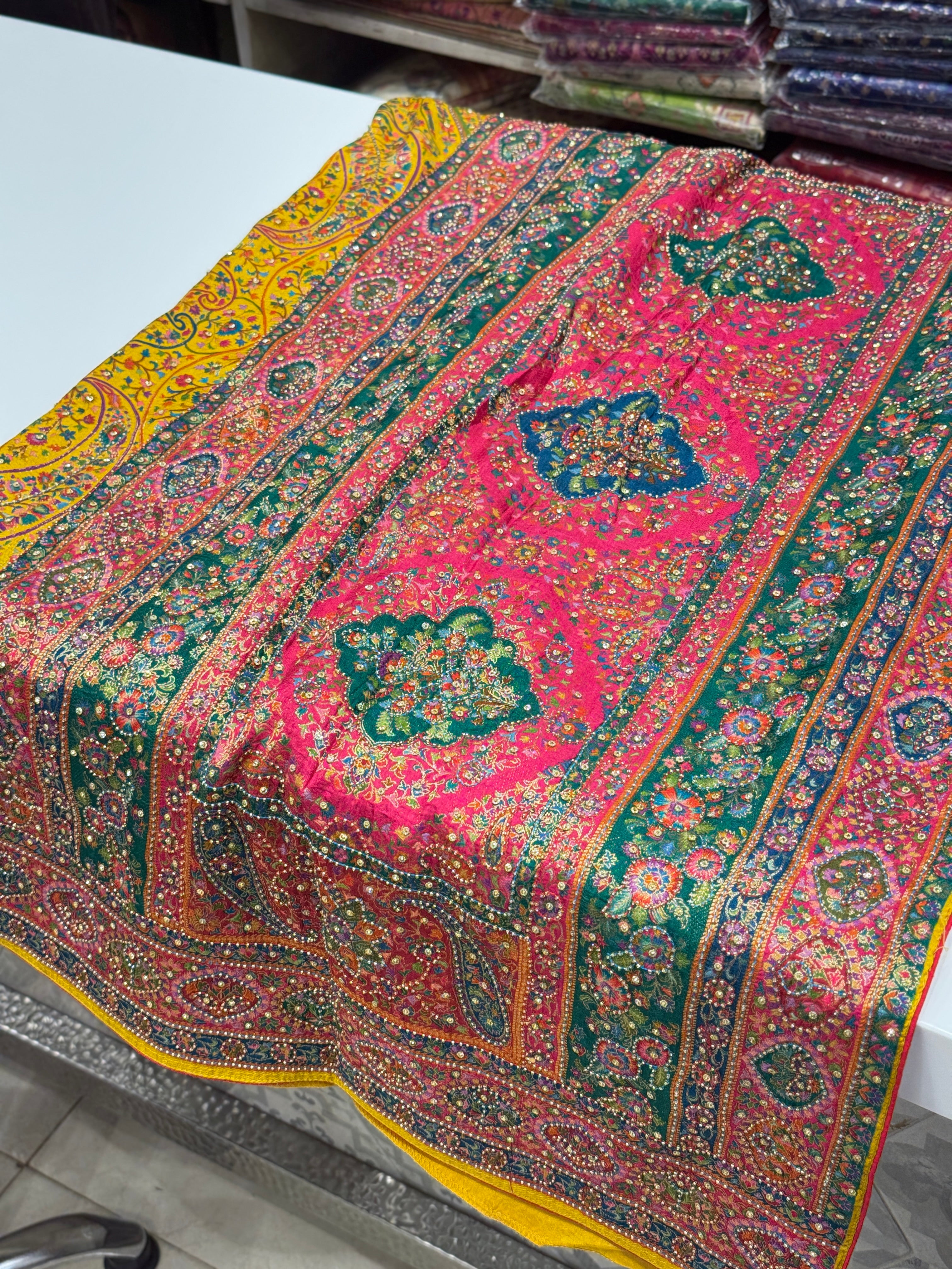 Yellow Banarasi Munga Pashmina Style Hand Embroidery Saree