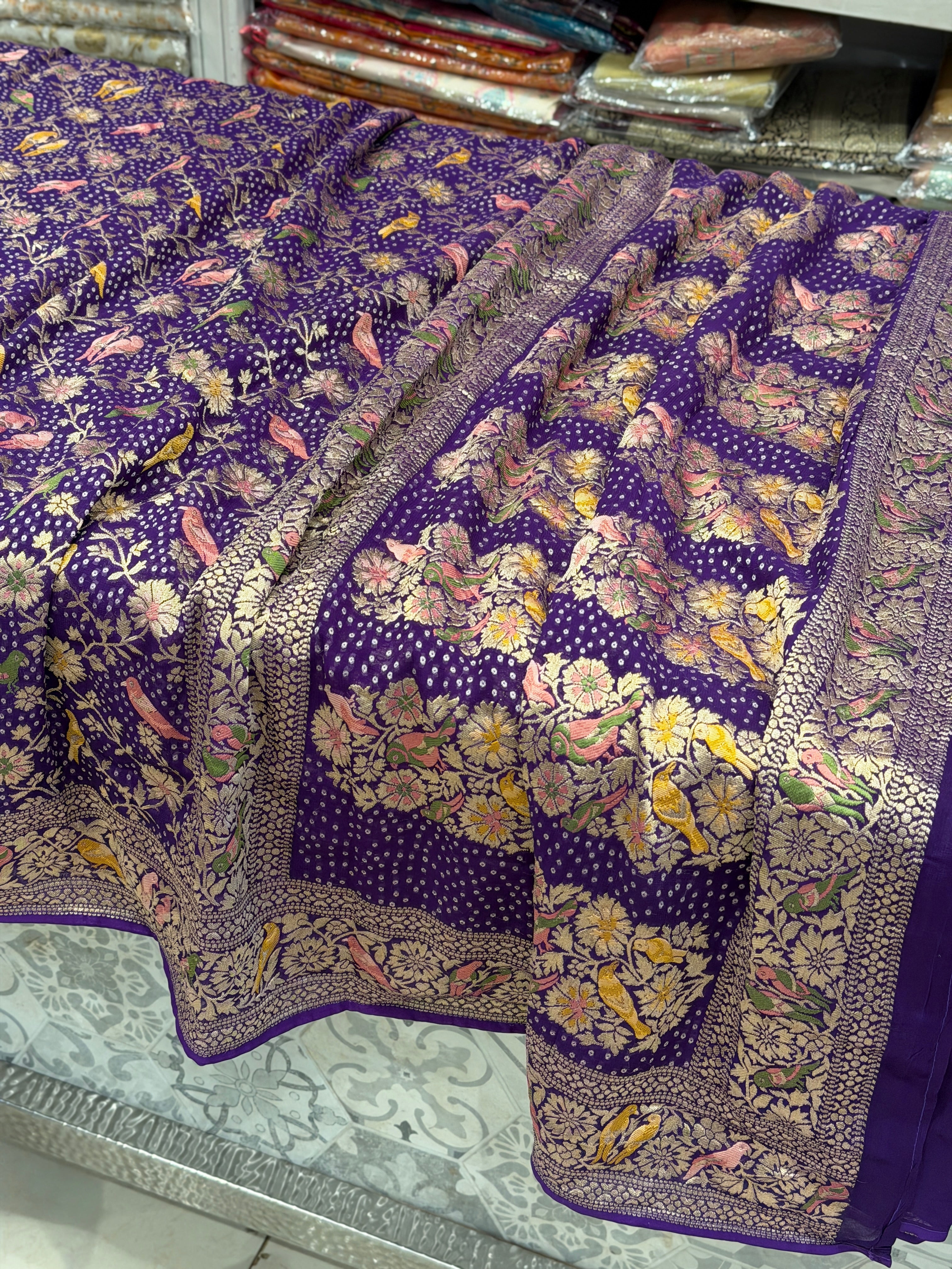 Violet Woven Bandhej Meenakari Parrot Motif Saree