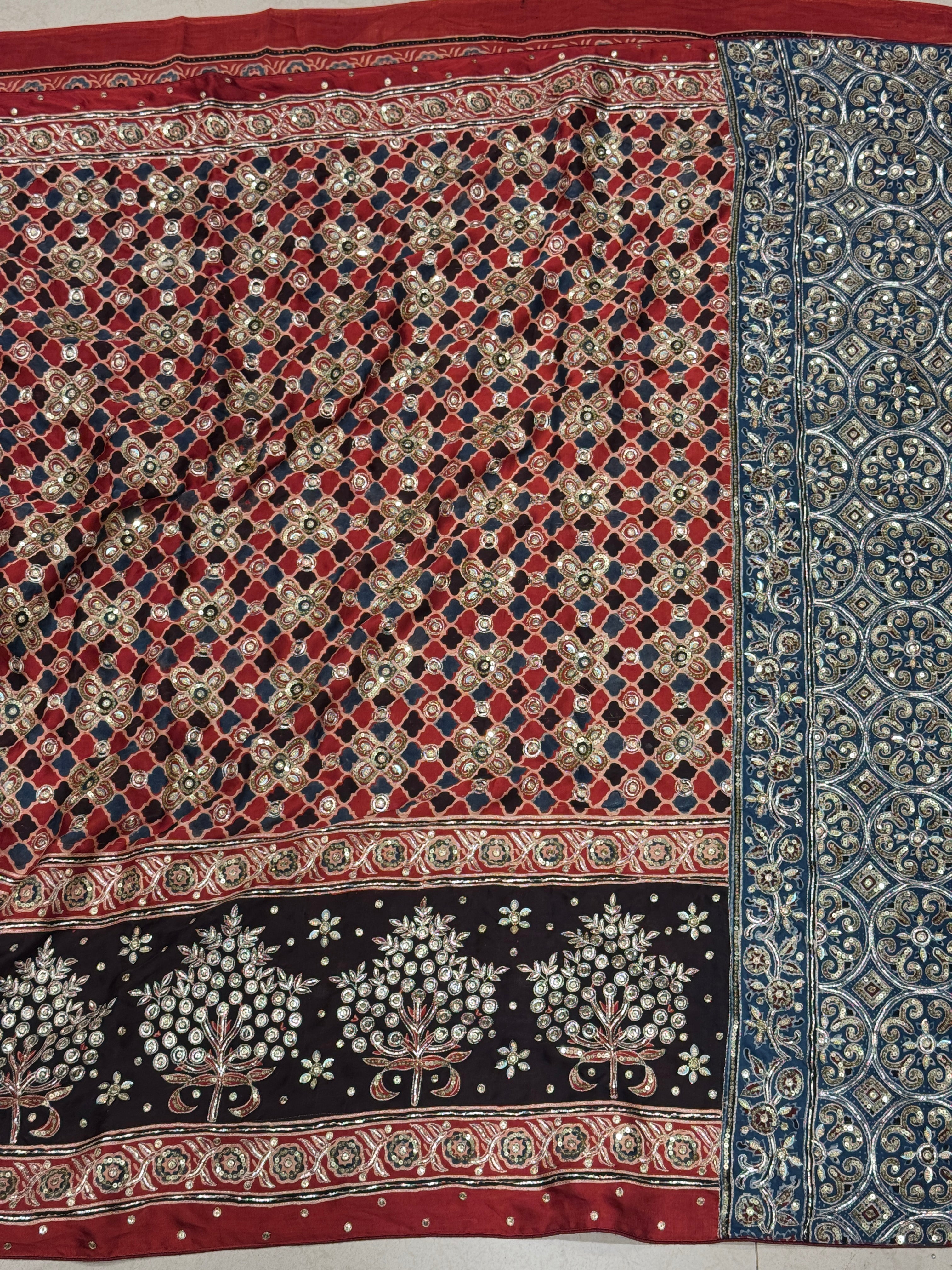 Red Blue Jali Buttas Pita Sequin Ajrakh Hand Embroidery Saree