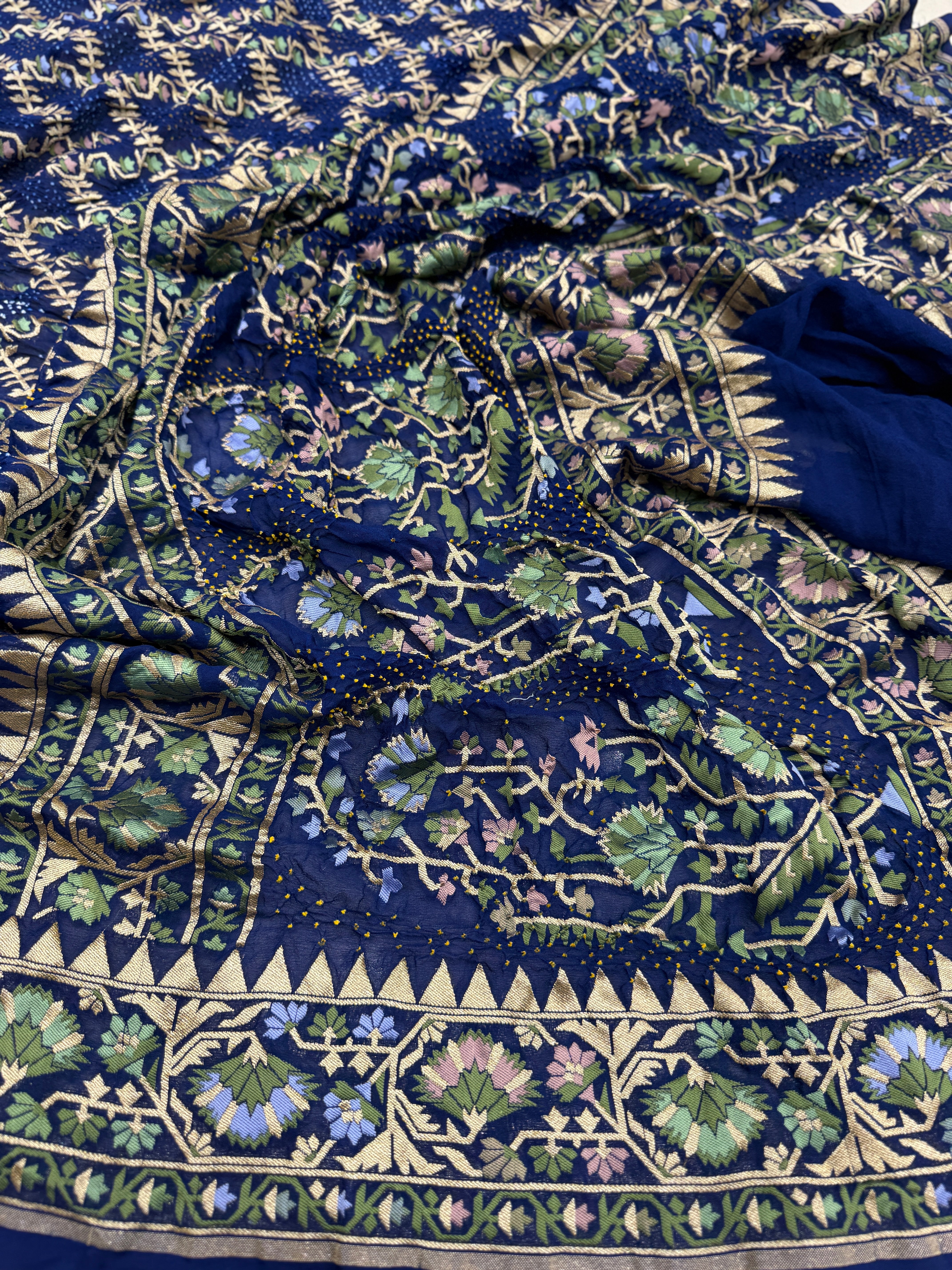 Blue Meenakari Rai Bandhej Floral Border Saree