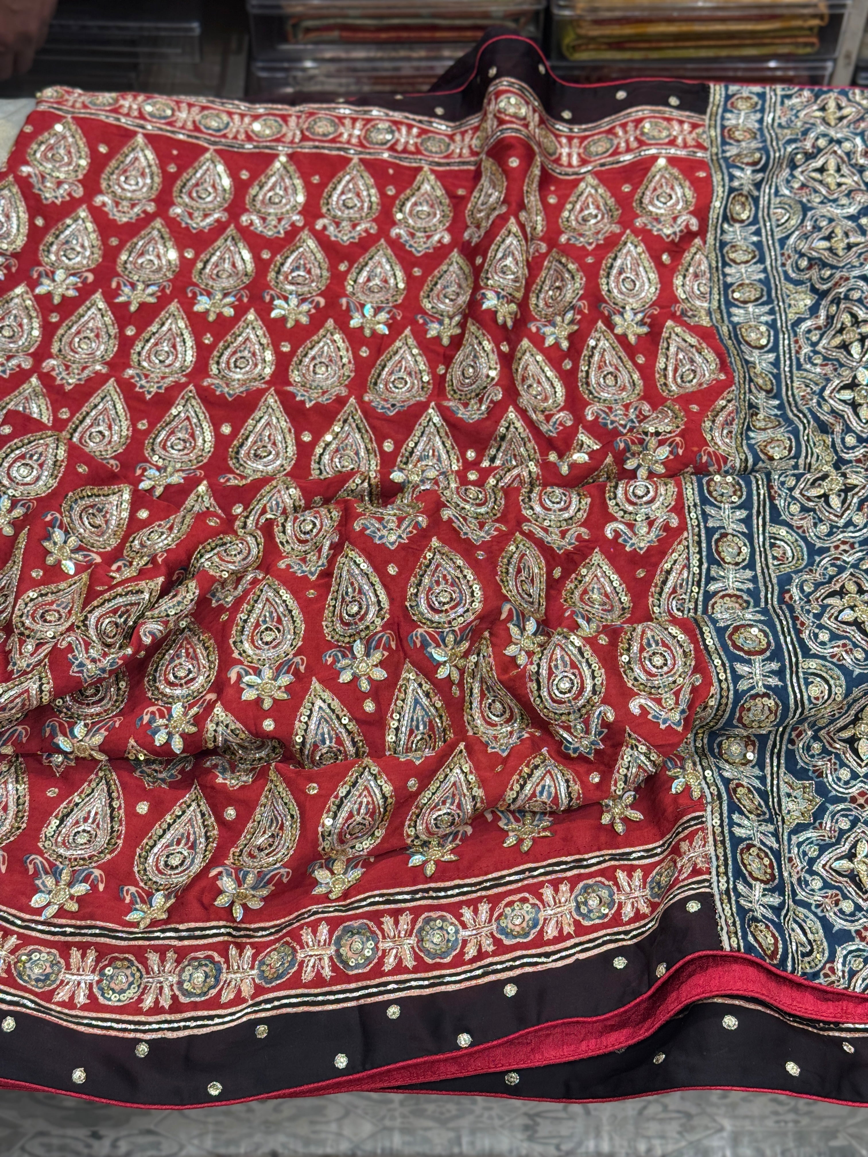Red Blue Pallu Floral Buttas Ajrakh Hand Embroidery Saree