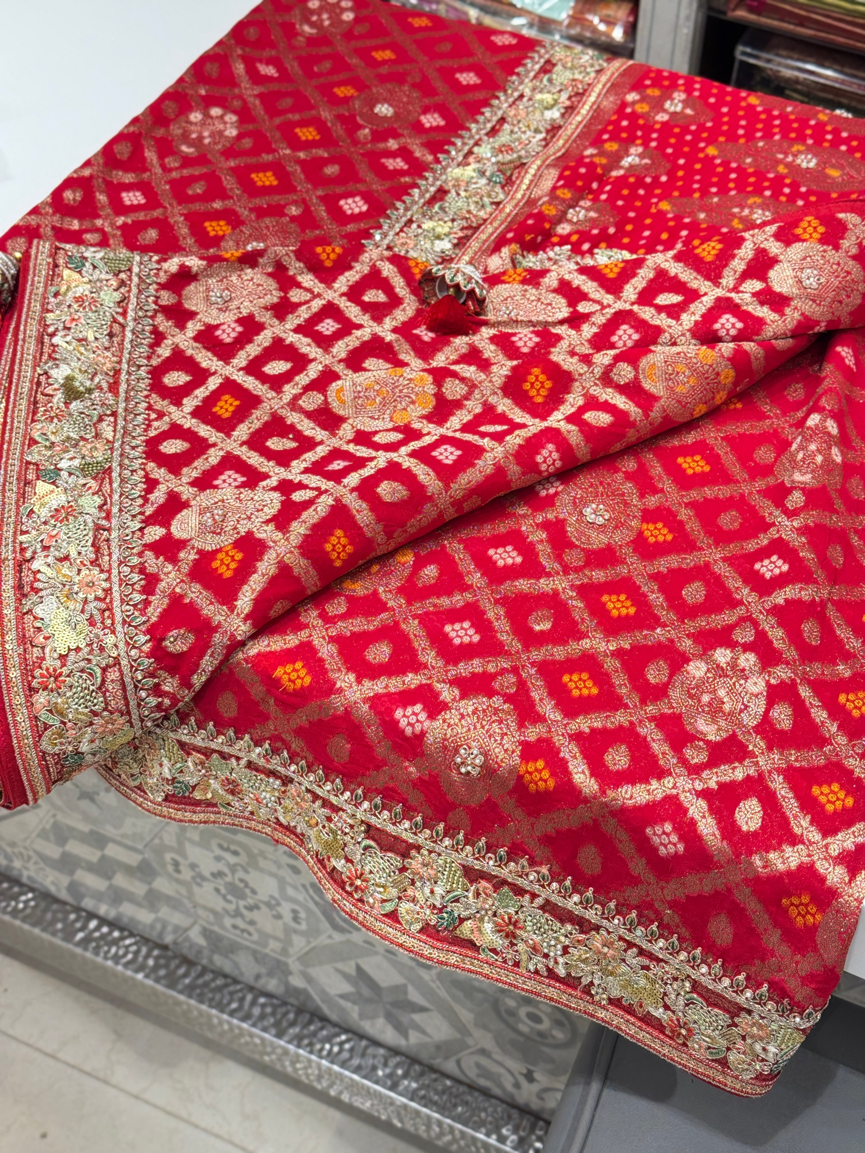 Red Gharchola Floral Embroidered Border Saree
