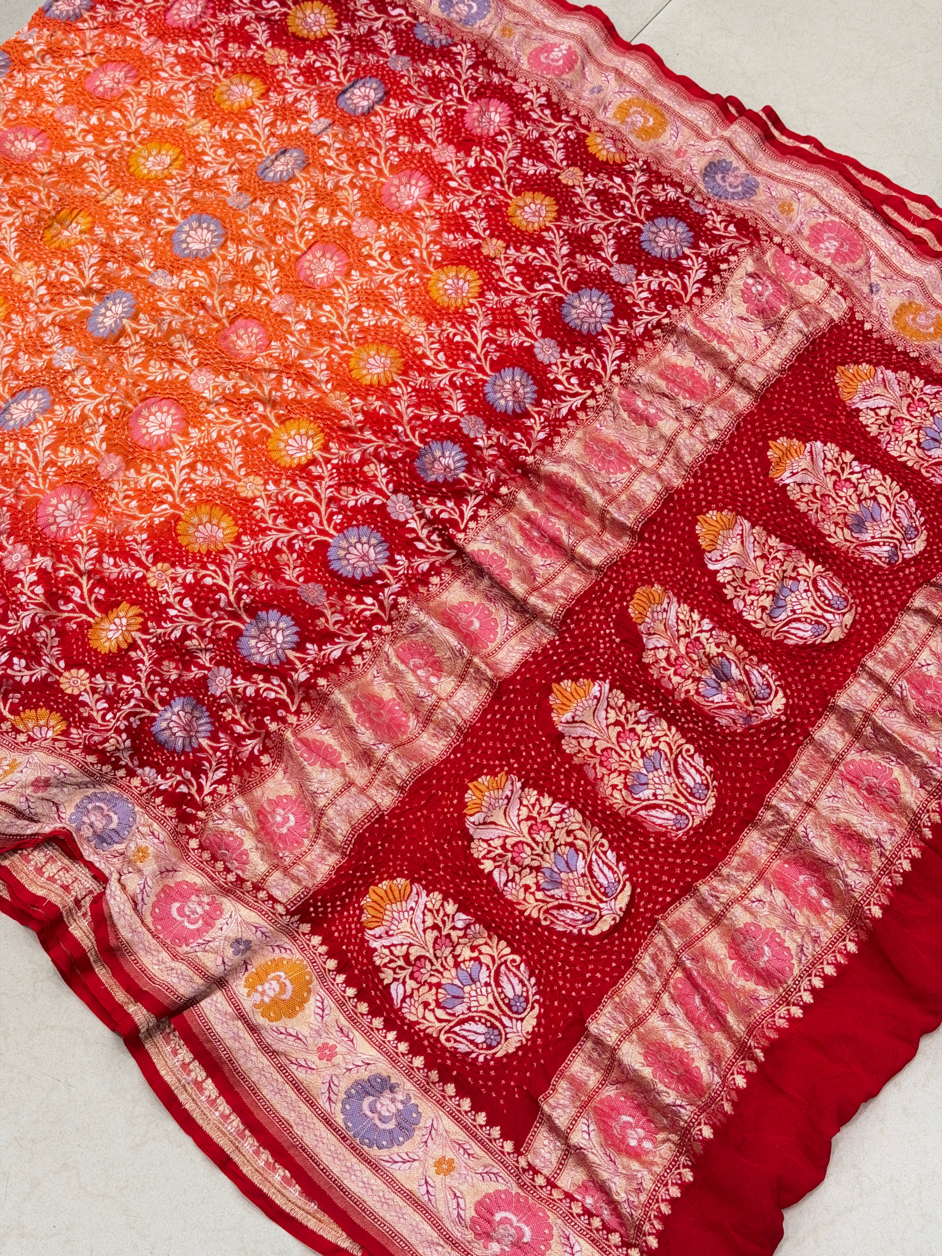 Shaded Orange Red Meenakari Jaal Pure Handloom Bandhej Georgette Saree