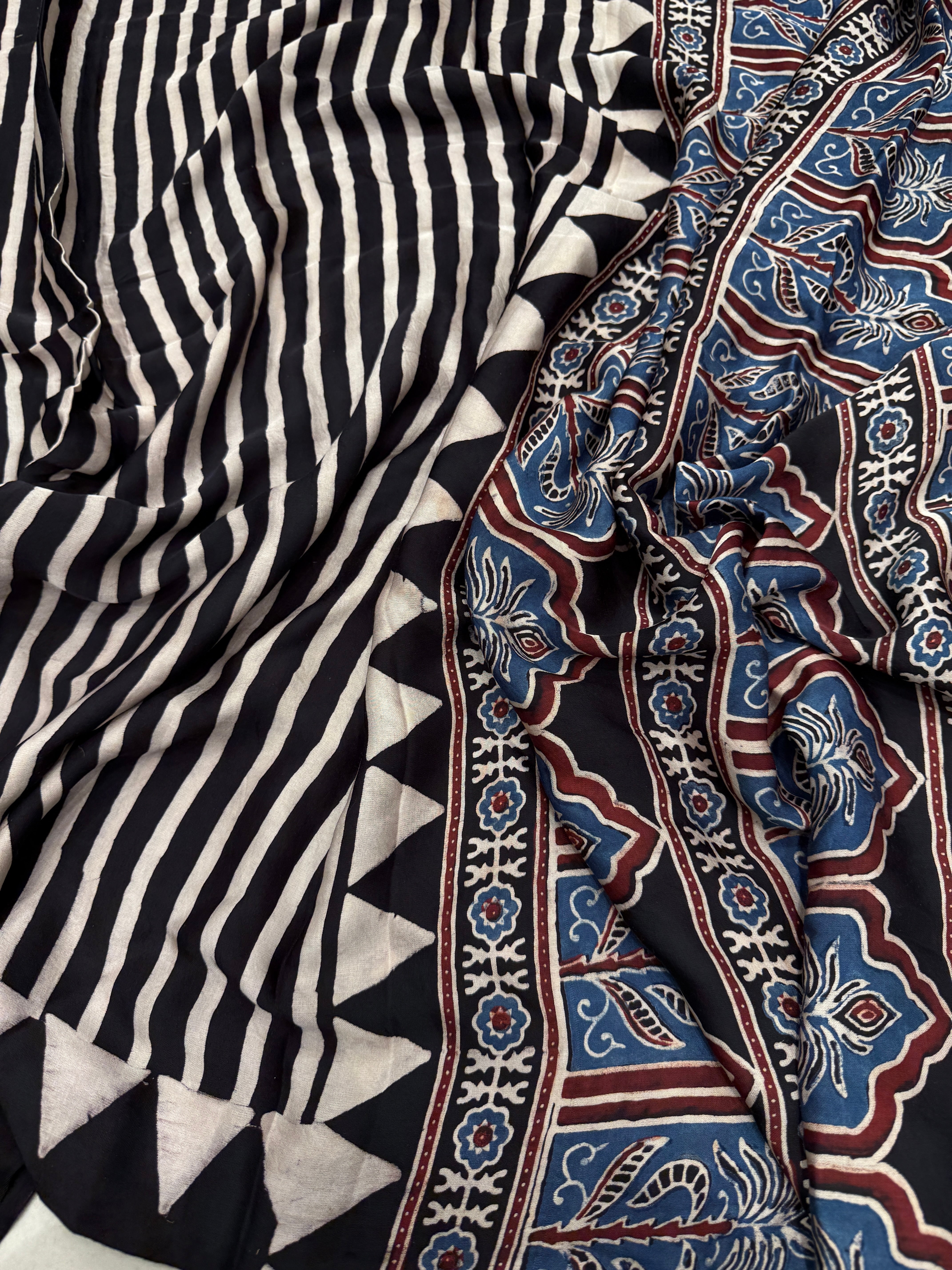 Black n White Lagdi Pata Ajrakh Hand Block Print Pure Gajji Silk Saree