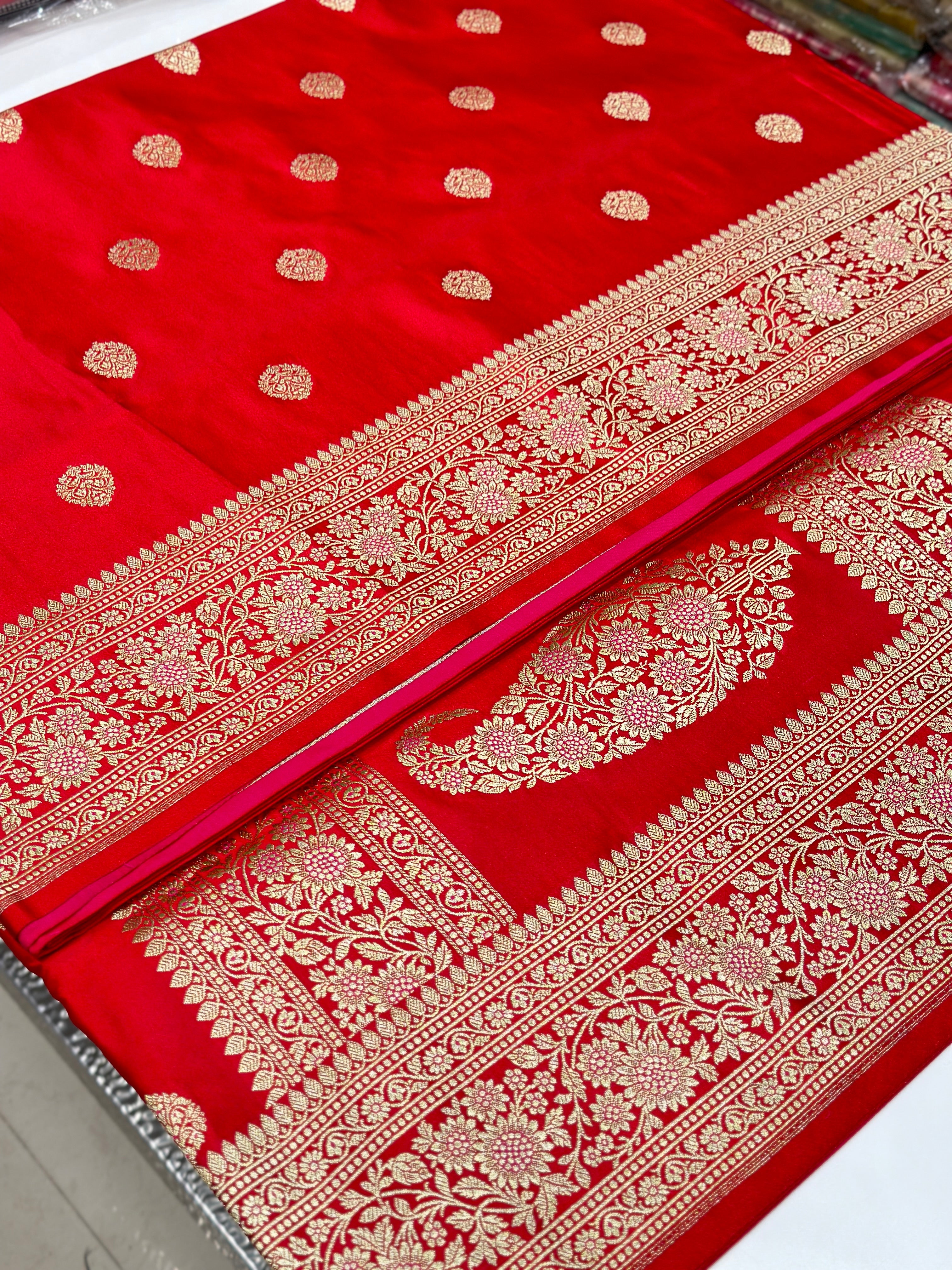 Red Banarasi Meenakari Mushru Silk Saree