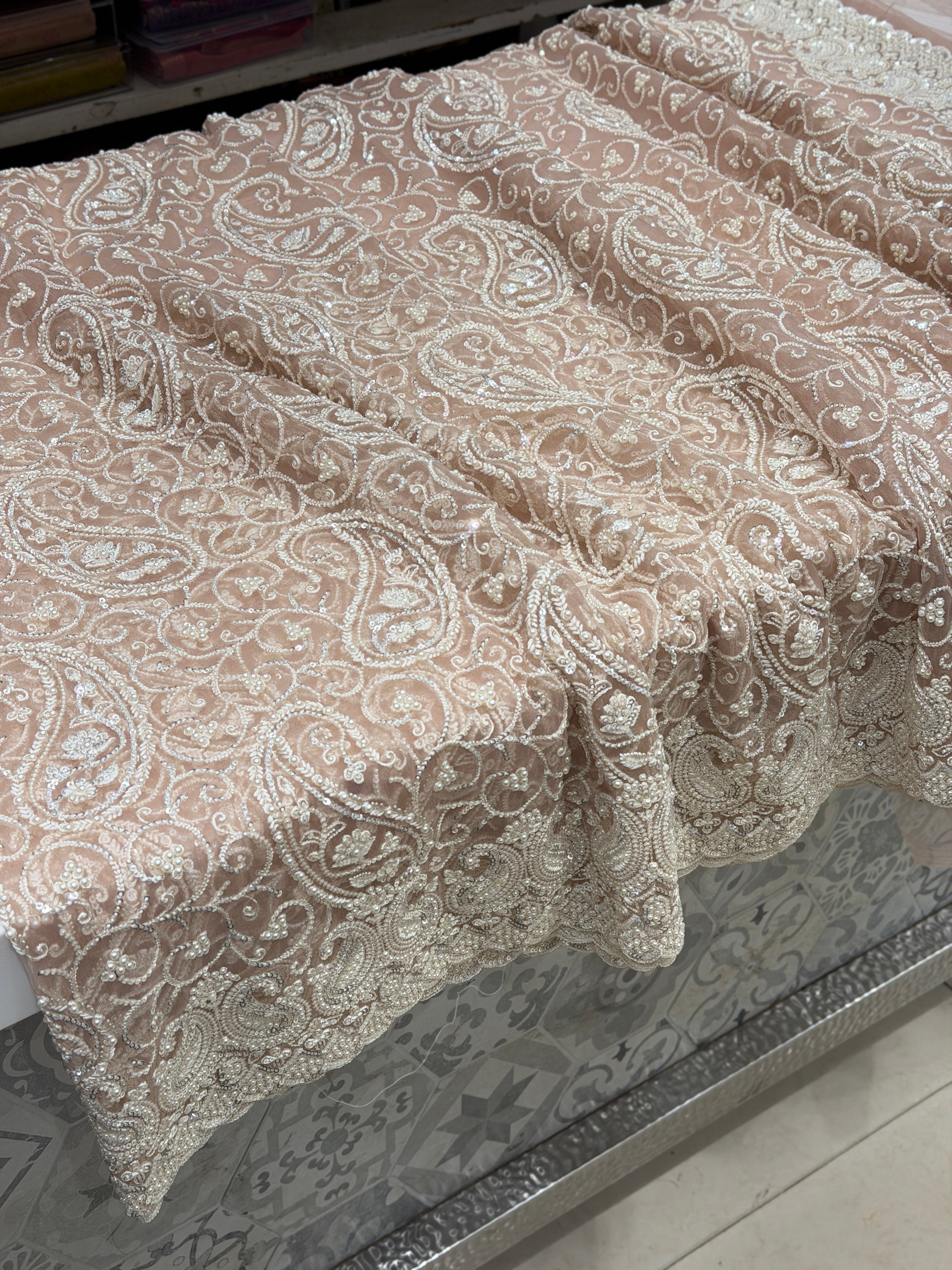 Nude Pink Keri Jaal Net Resham Moti Embroidery Soft Saree