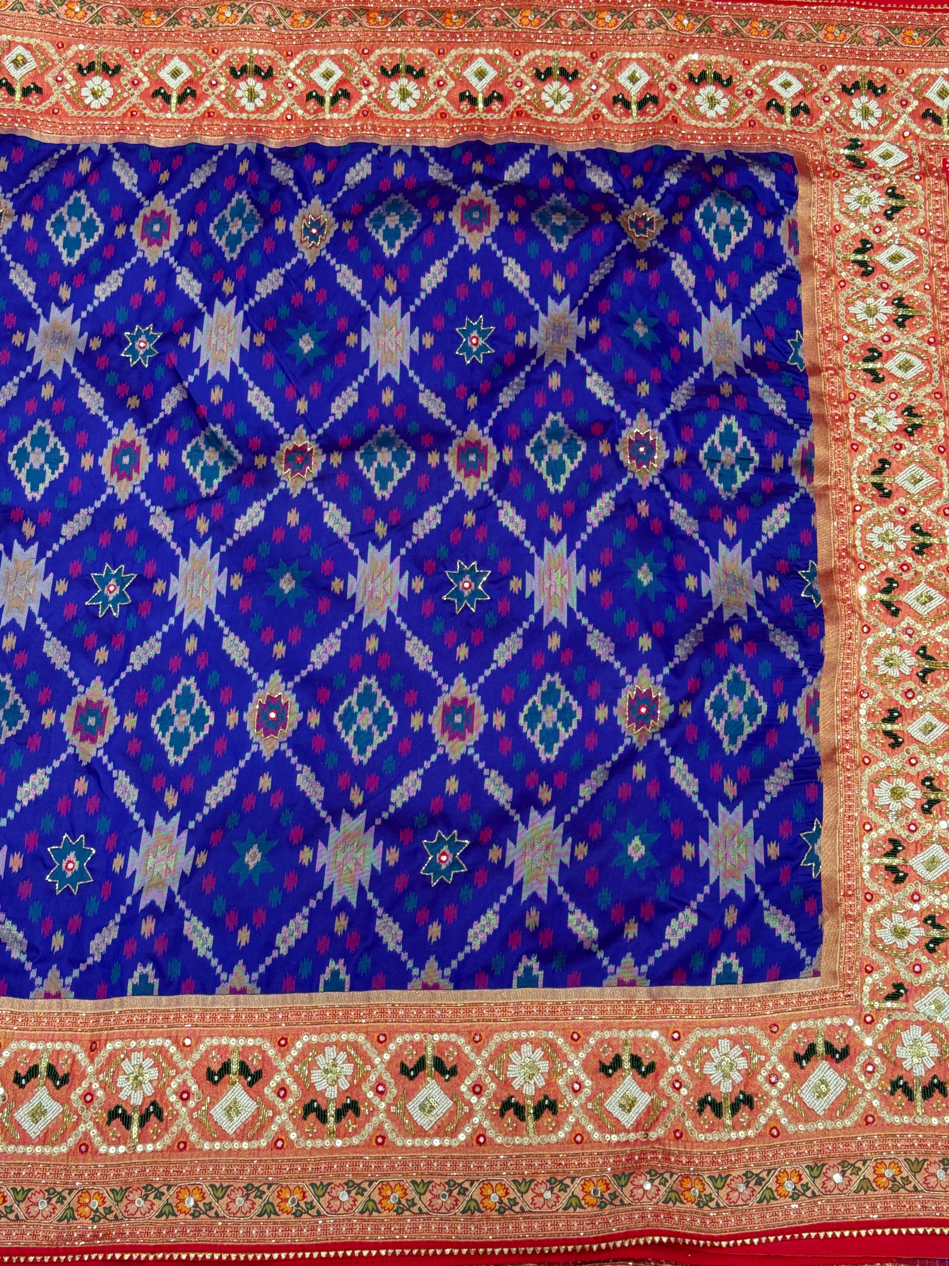 Royal Blue Patola Kidiya Moti Embroidery Saree