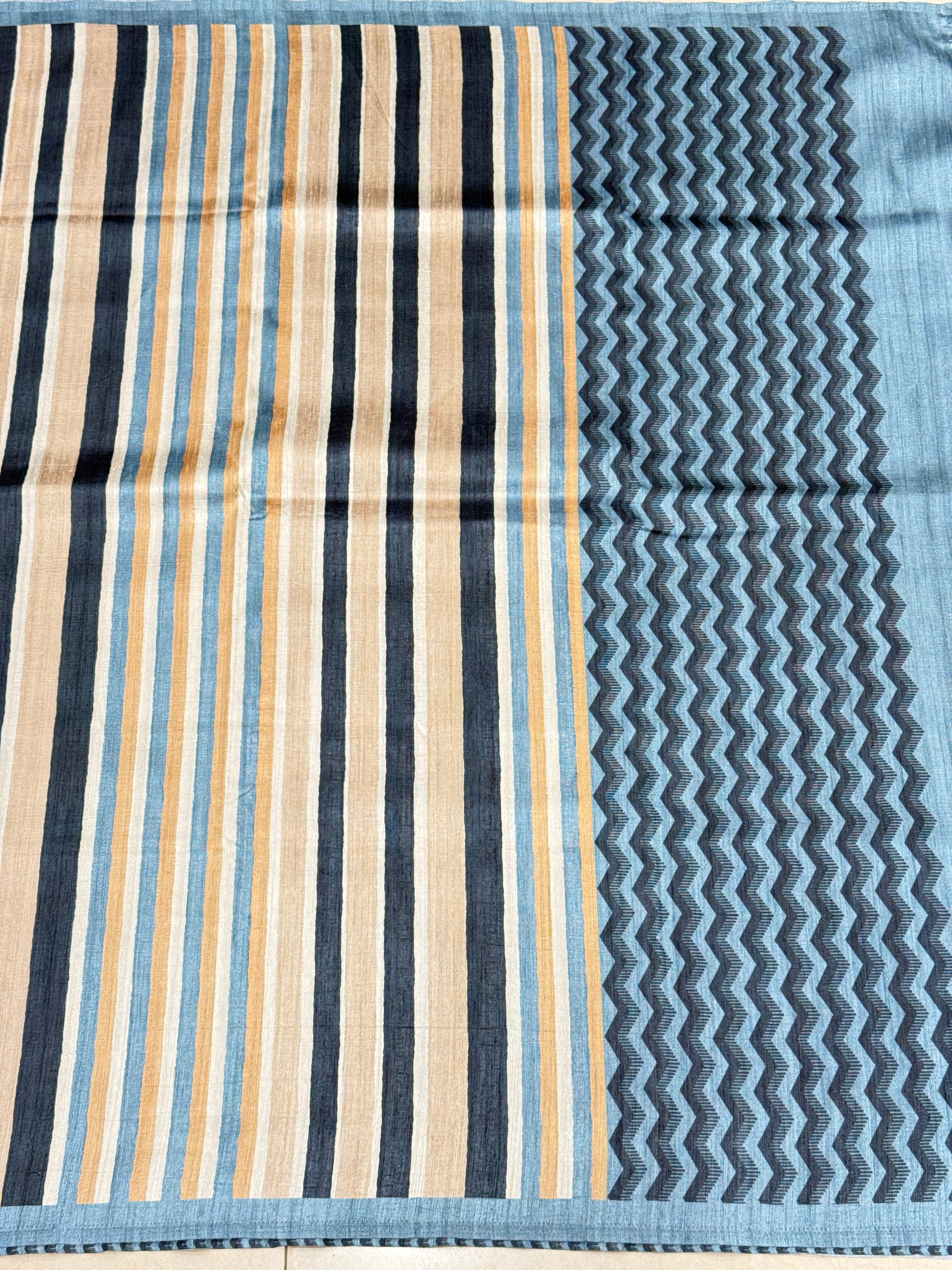 Beige Blue Contemporary Printed Tussor Saree