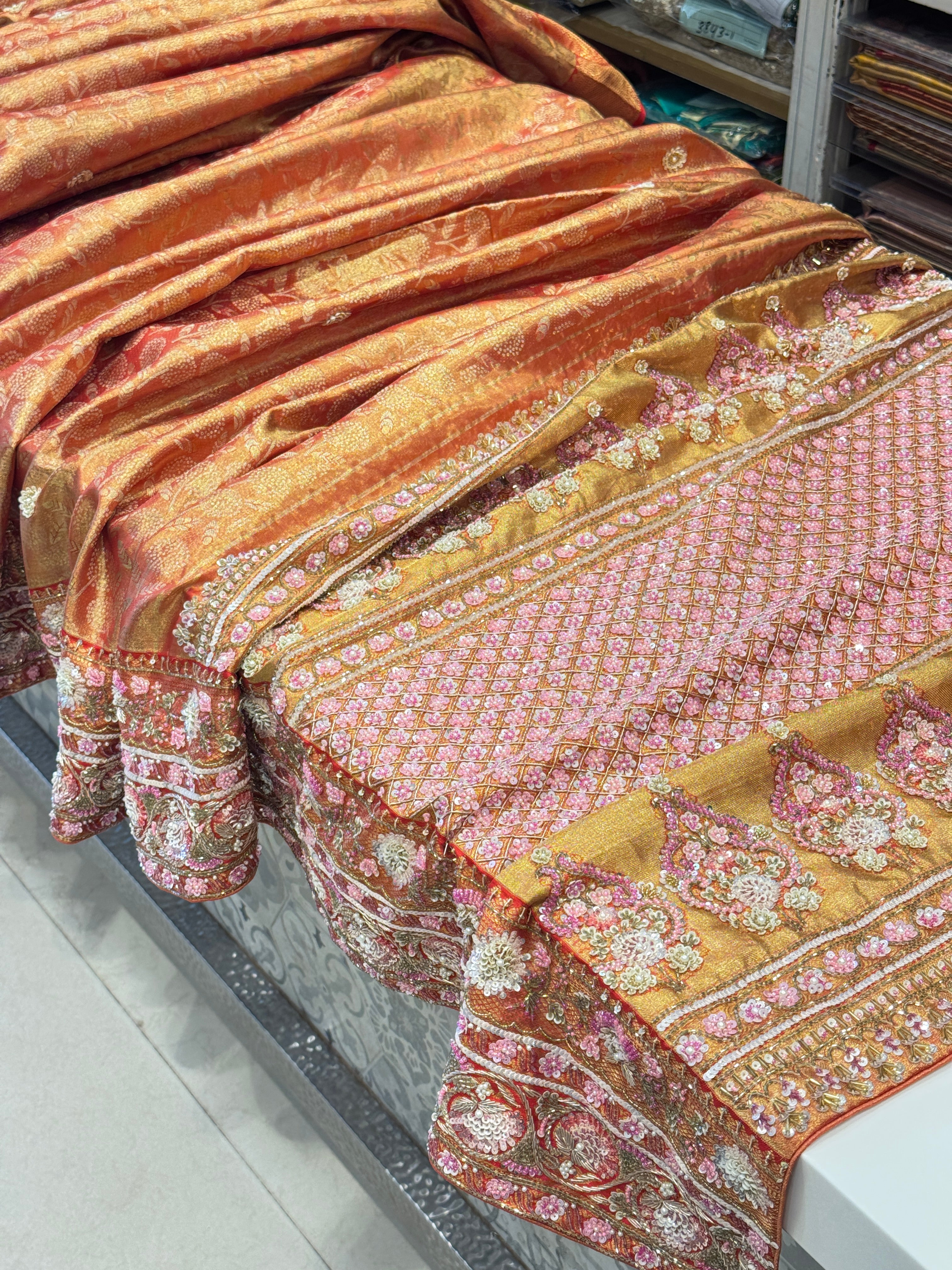 Red Golden Kanjivaram Moti Zardosi Hand Embroidery Saree