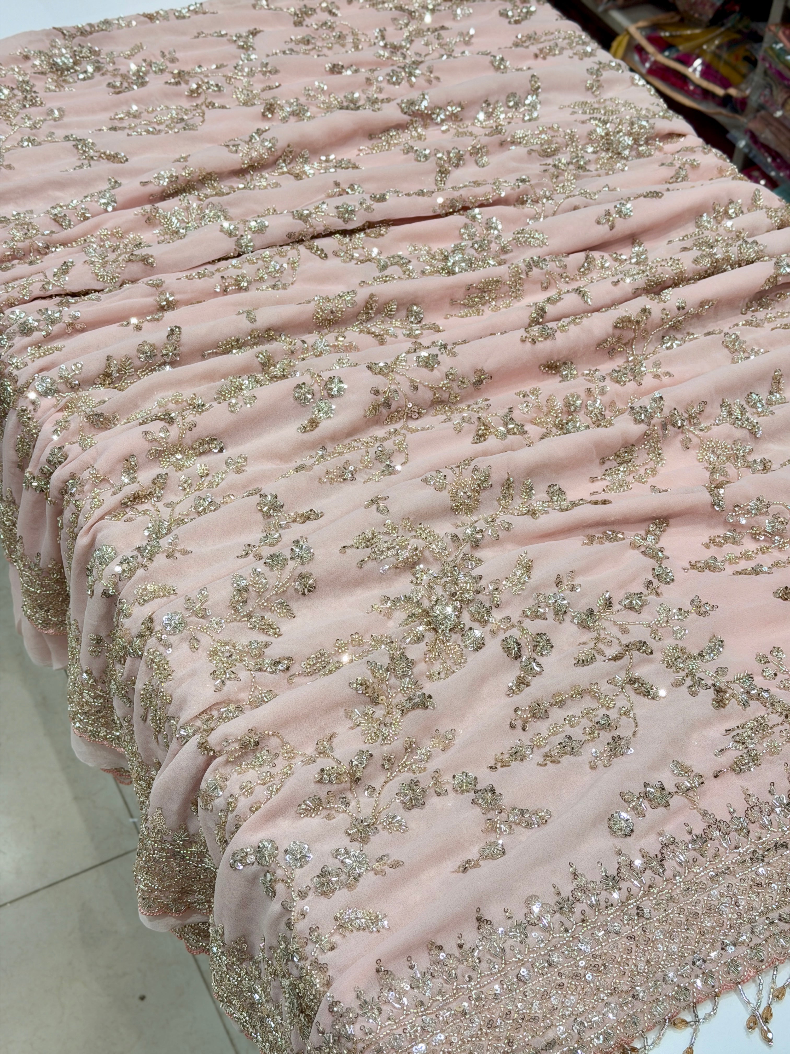 Baby Pink Manish Malhotra Inspired Georgette Moti Sequin Jaal Saree