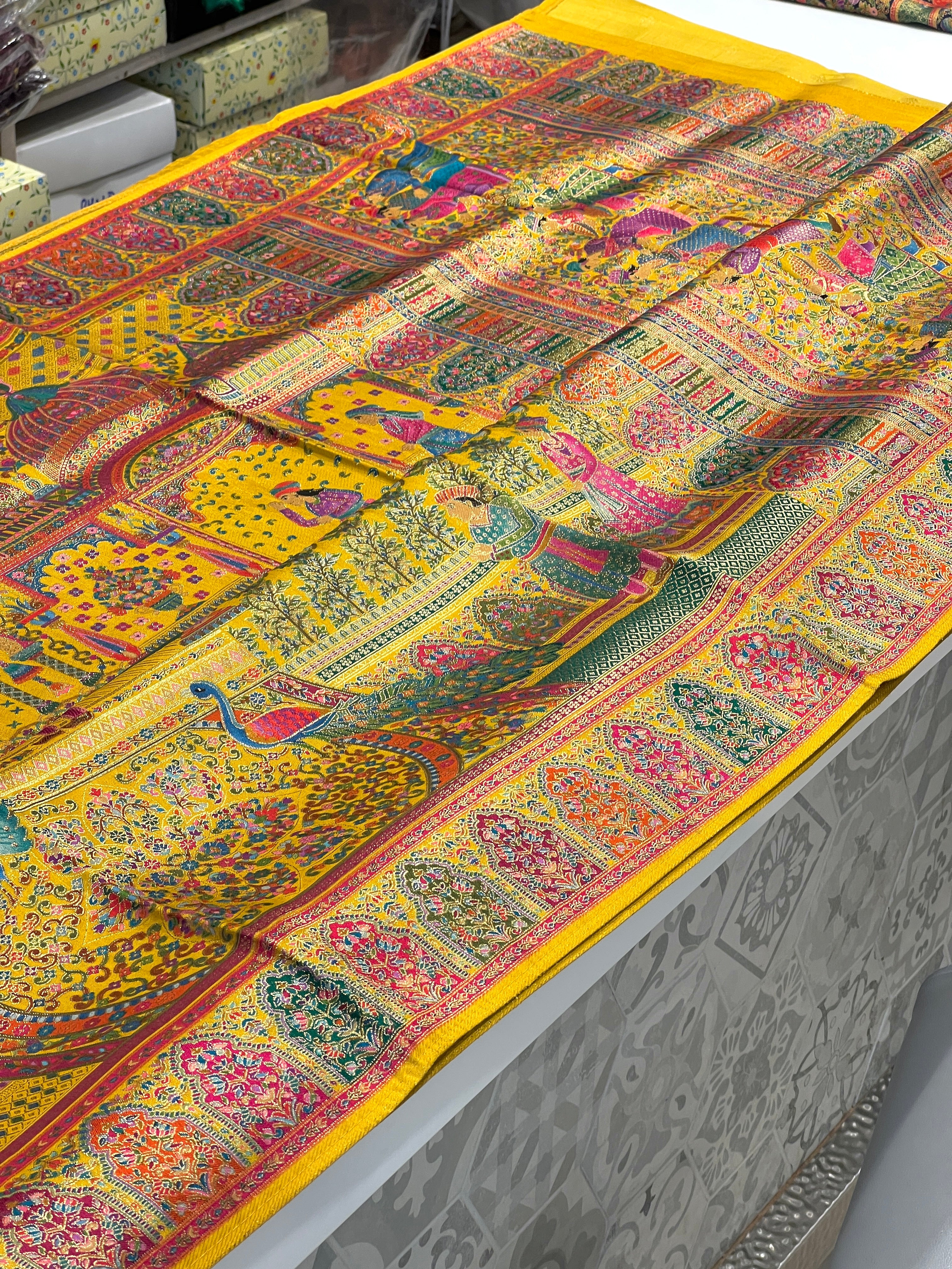 Yellow Pashmina Style Darbar Silk Saree